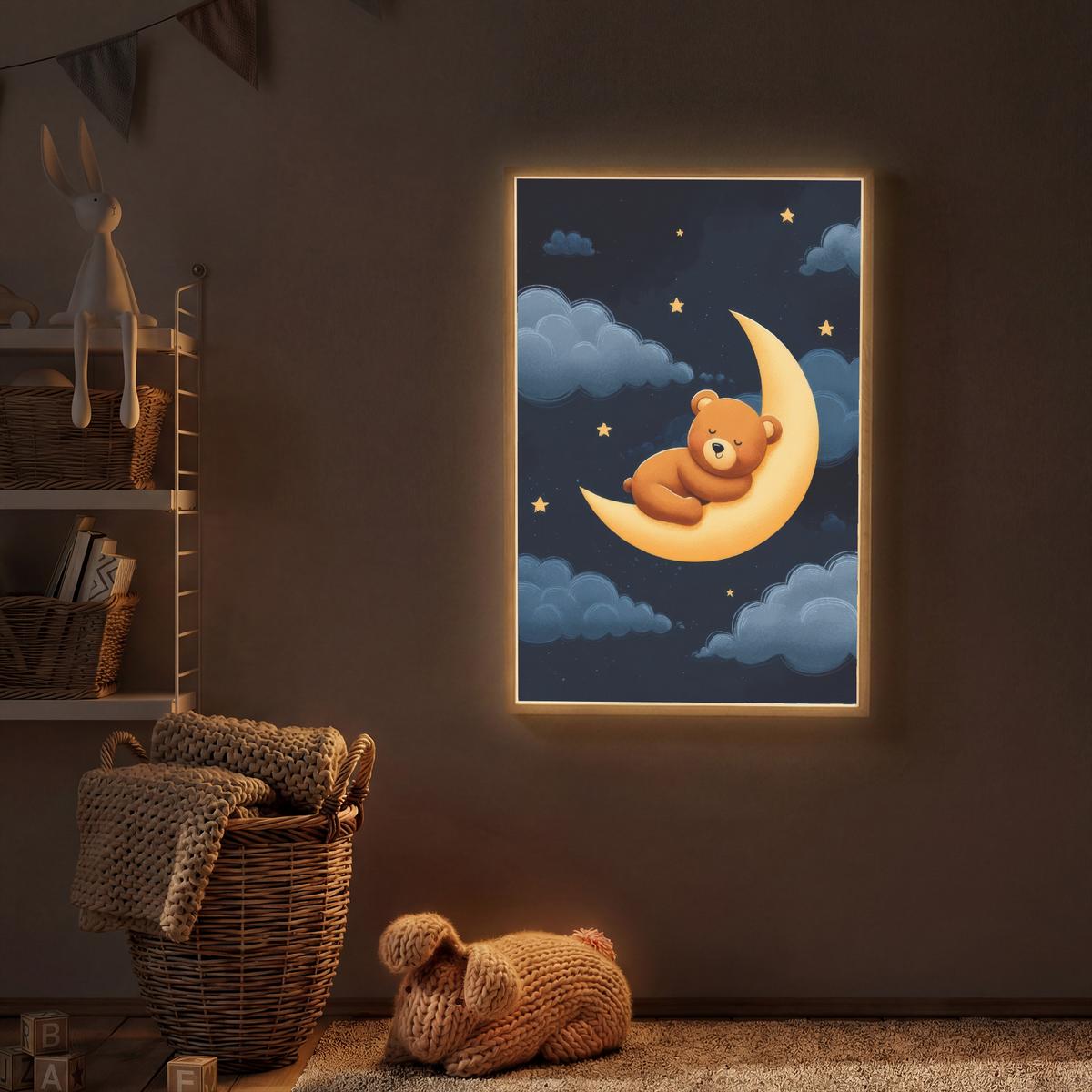 NACHTTISCHLAMPE MIT AKKU Teddybär - Mond - Wolken - Sterne 60x90 cm - Dunkelblau, Holzwerkstoff (8/60/90cm) - OnlyWow