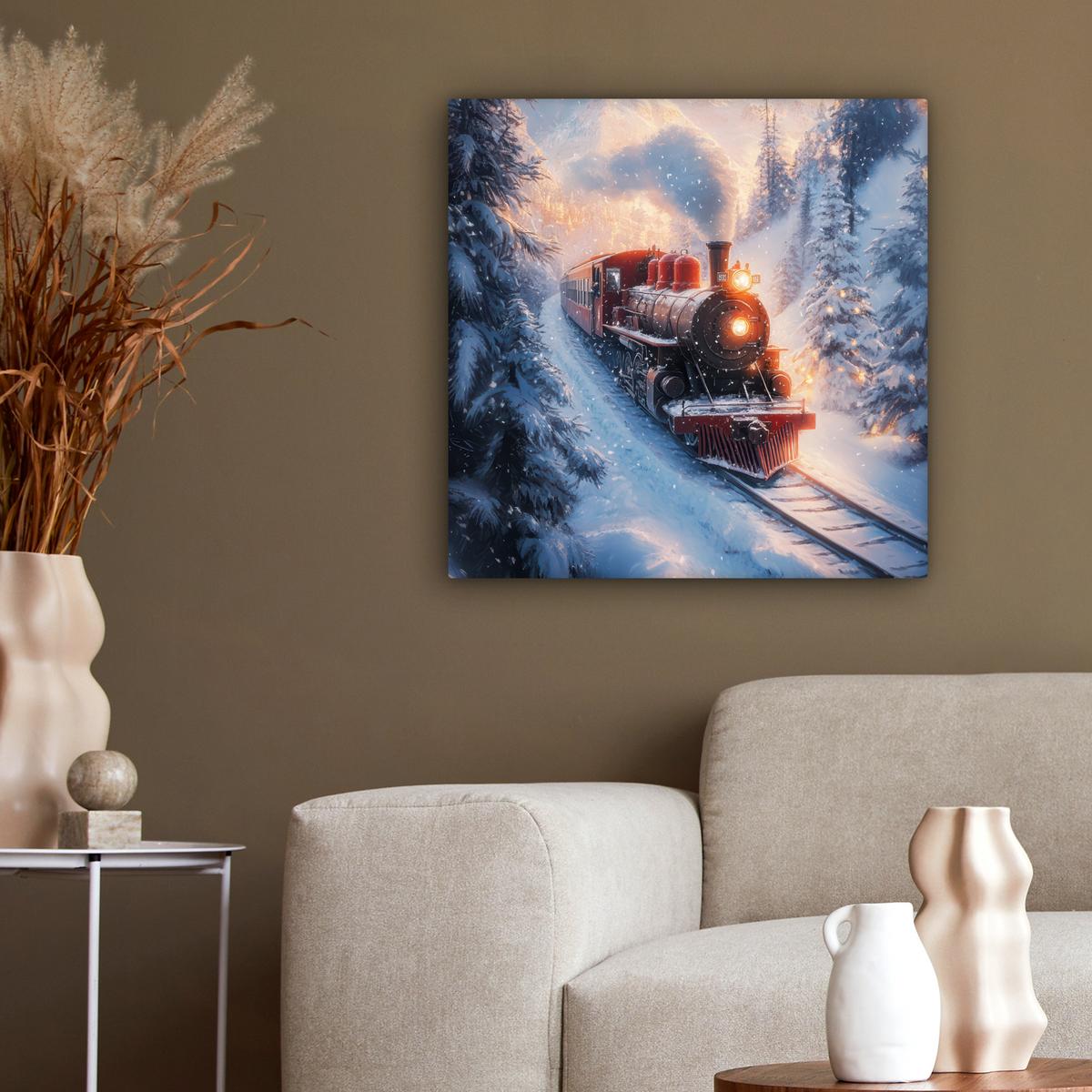 LEINWANDBILD Weihnachtszug - Schnee - Winter - Weihnachten Wandbild Wohnzimmer 50x50 cm - Dunkelrot, Textil (50/50cm) - MuchoWow