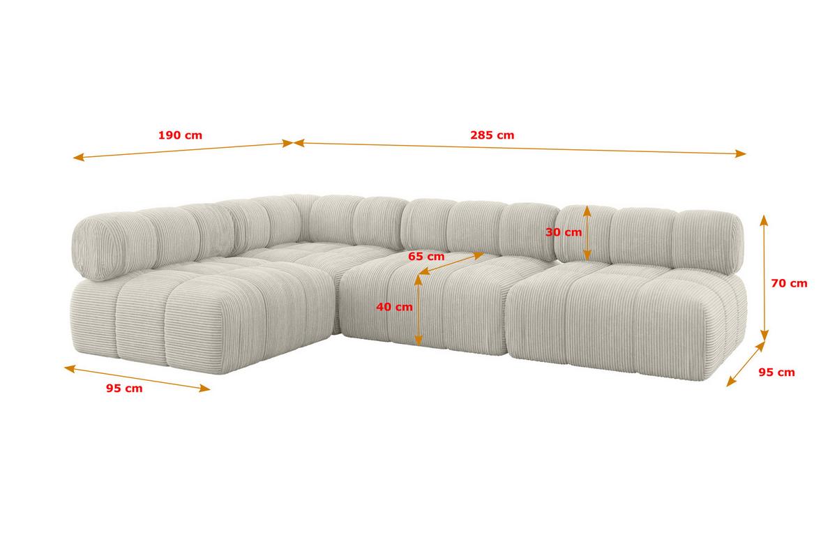 ECKSOFA modulares Sofa Samaro-L2 - 285x190x70 cm Creme Cord - Hellgrau/Creme, Holzwerkstoff/Textil (285/190cm) - ALTDECOR