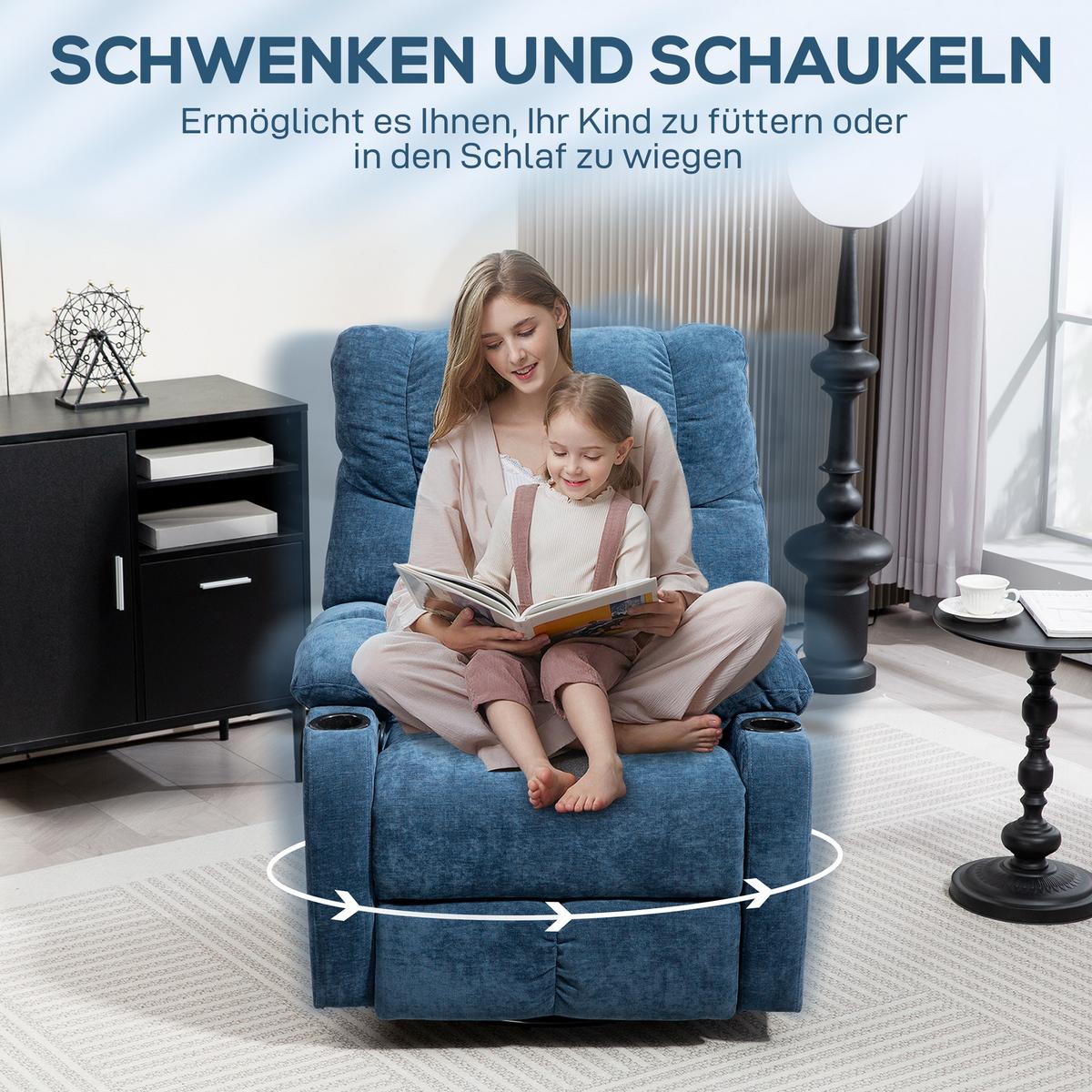 RELAXSESSEL Drehbar Fernsehsessel mit Liegefunktion, Schaukelfunktion Dunkelblau - Blau/Schwarz, Textil/Metall (96/108/88cm) - HOMCOM