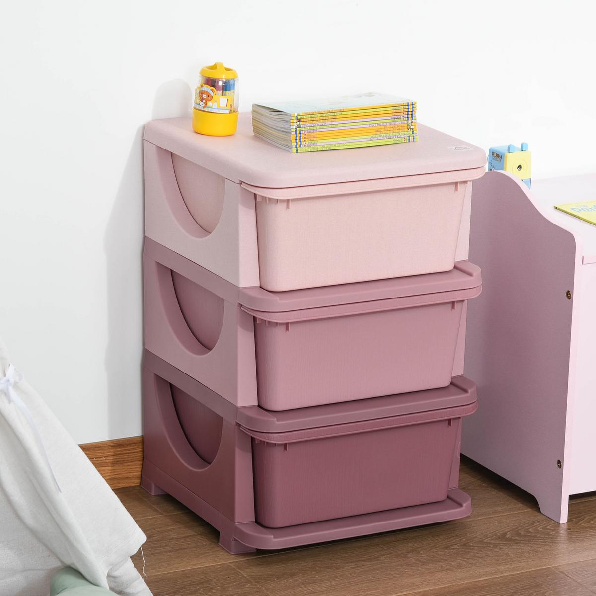 AUFBEWAHRUNGSBOXEN für Kinder, 3 große Schubladen, Kunststoff, Rosa - Rosa, Kunststoff (37/56.5/37cm) - HOMCOM