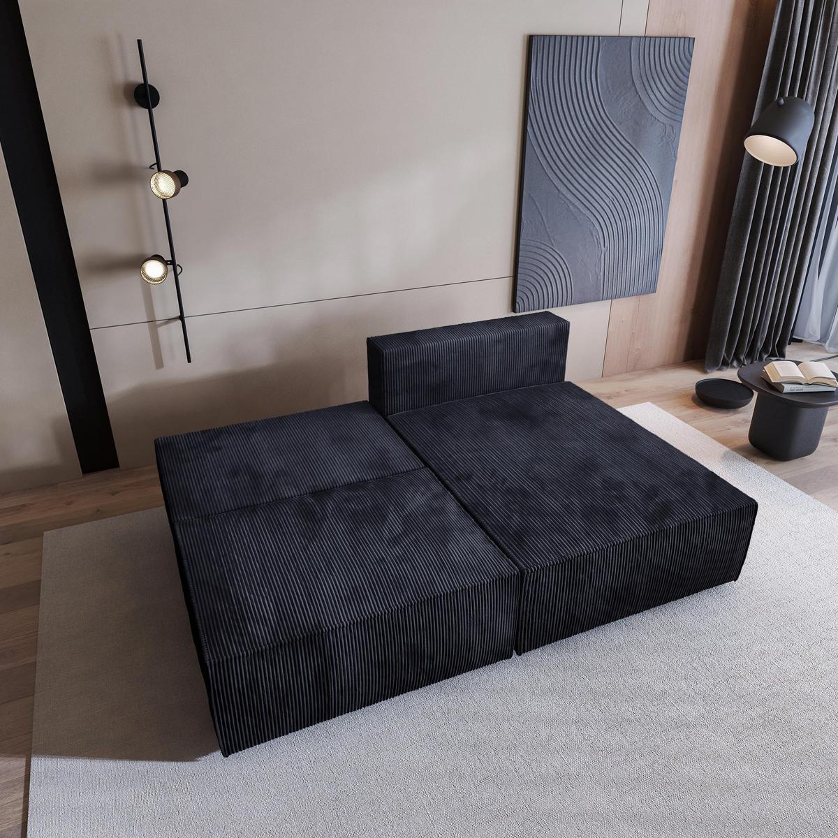 ECKSOFA FIORO P Schwarz Kordstoff mit Schlaffunktion - Schwarz/Grau, Holz/Kunststoff (204/148cm) - MASSENO