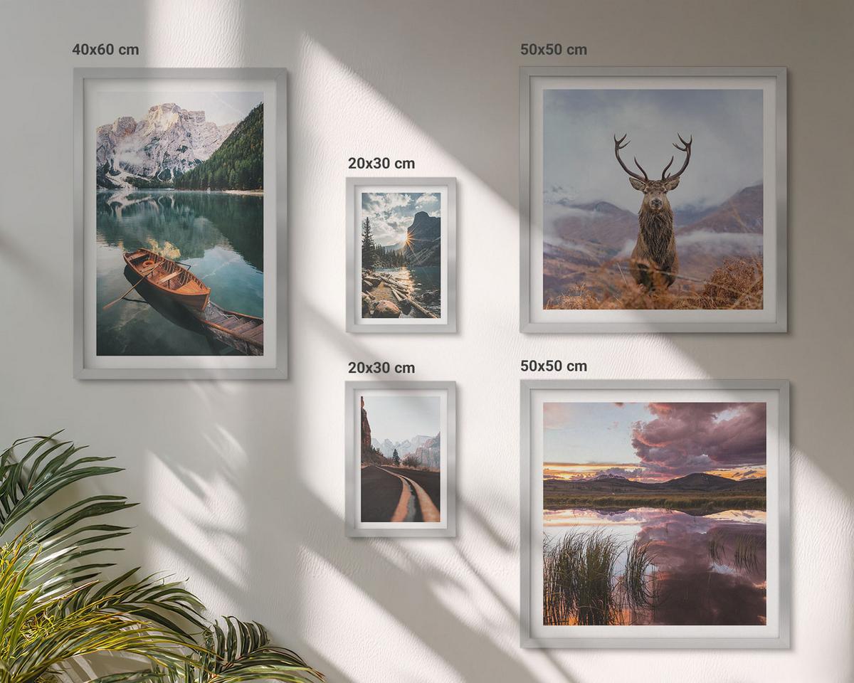 BILDER SET 5er Set - 50x50 cm & 20x30 cm & 40x60 cm Silberner Rahmen - Bergsee, Bootsfahrt, Sonnenuntergang, Hirsche - Silberfarben, Kunststoff (40/60cm) - TULUP