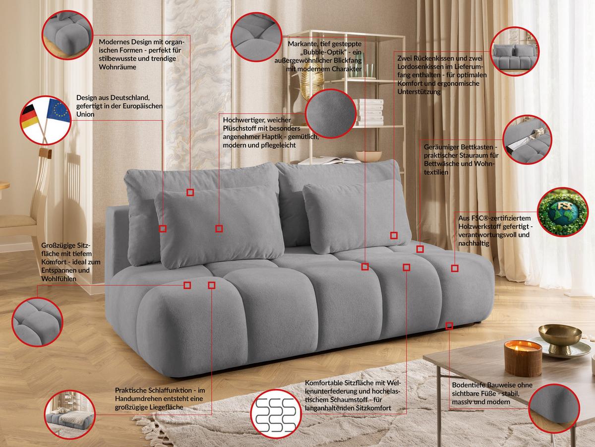 SCHLAFSOFA Belluno aus hochwertigem Grau Plüschstoff mit Bettkasten und tiefen Steppungen in Bubble-Optik - Schwarz/Grau, Holz/Kunststoff (205/87/105cm) - S-Style