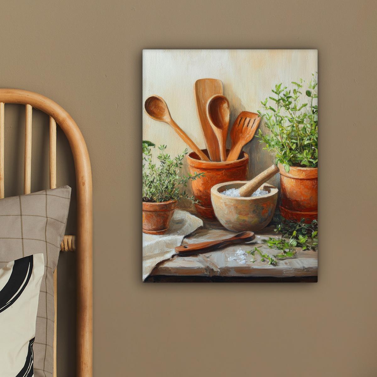 LEINWANDBILD Töpfe - Kräuter - Holz Room Decor 30x40 cm - Terracotta, Textil (30/40cm) - MuchoWow