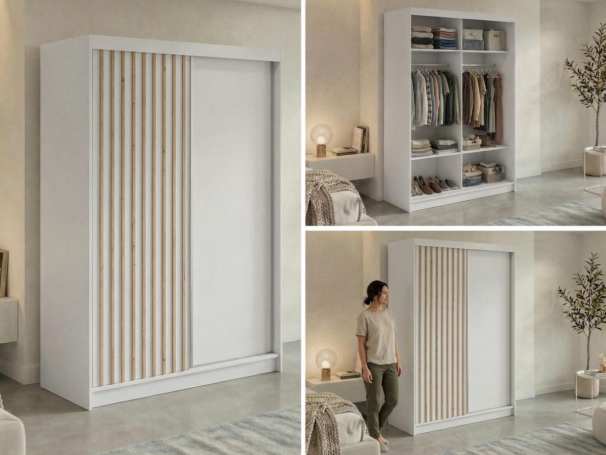 SCHWEBETÜRENSCHRANK mit Lamellen LUMOS - 150 - Weiß und Eiche Artisan - Alufarben/Weiß, Holzwerkstoff/Metall (150/216/61cm) - MKS