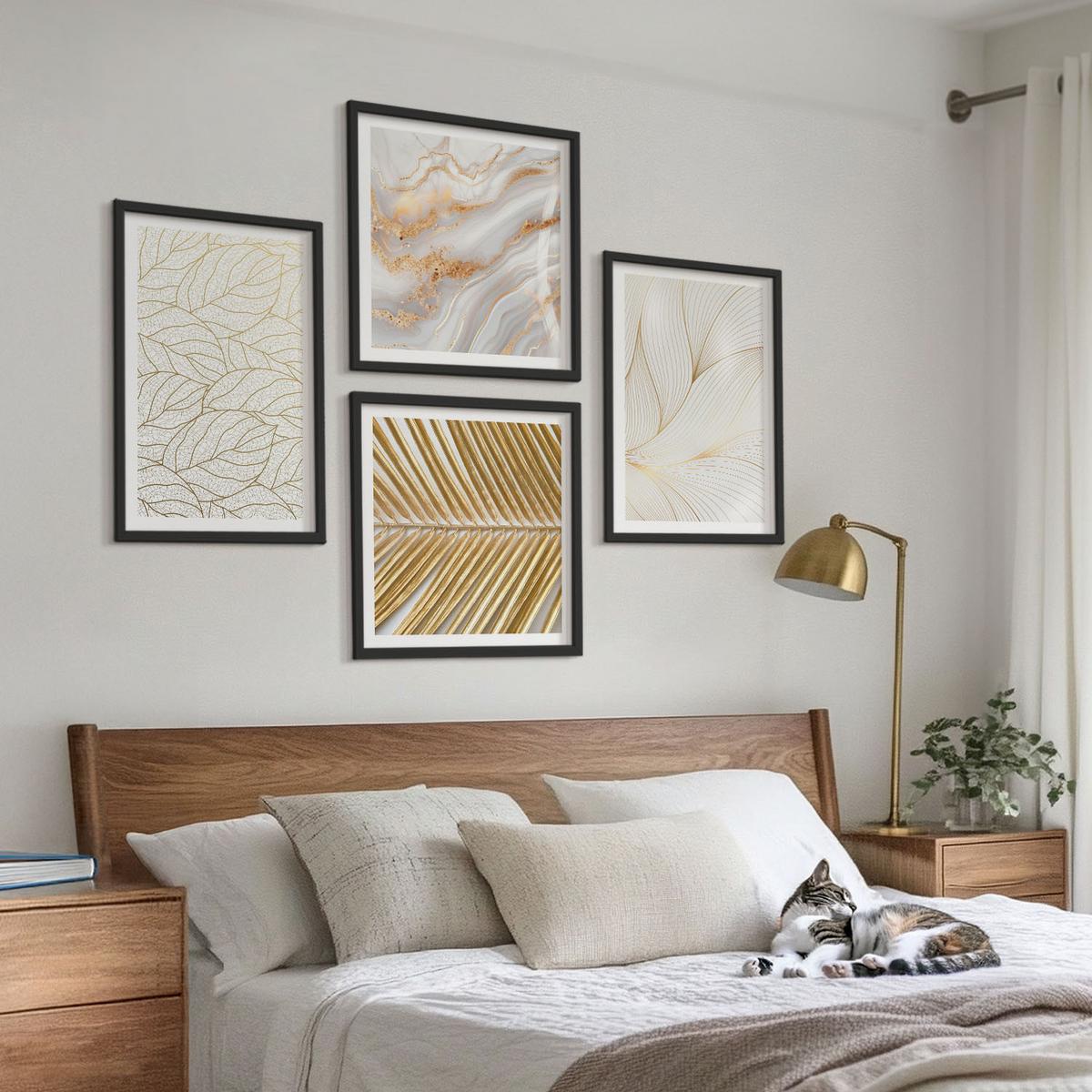 BILDER SET 4er Set - 50x50 cm & 40x60 cm Schwarzer Rahmen - Blattmuster Marmor abstrakt - Schwarz, Kunststoff (50/50cm) - TULUP