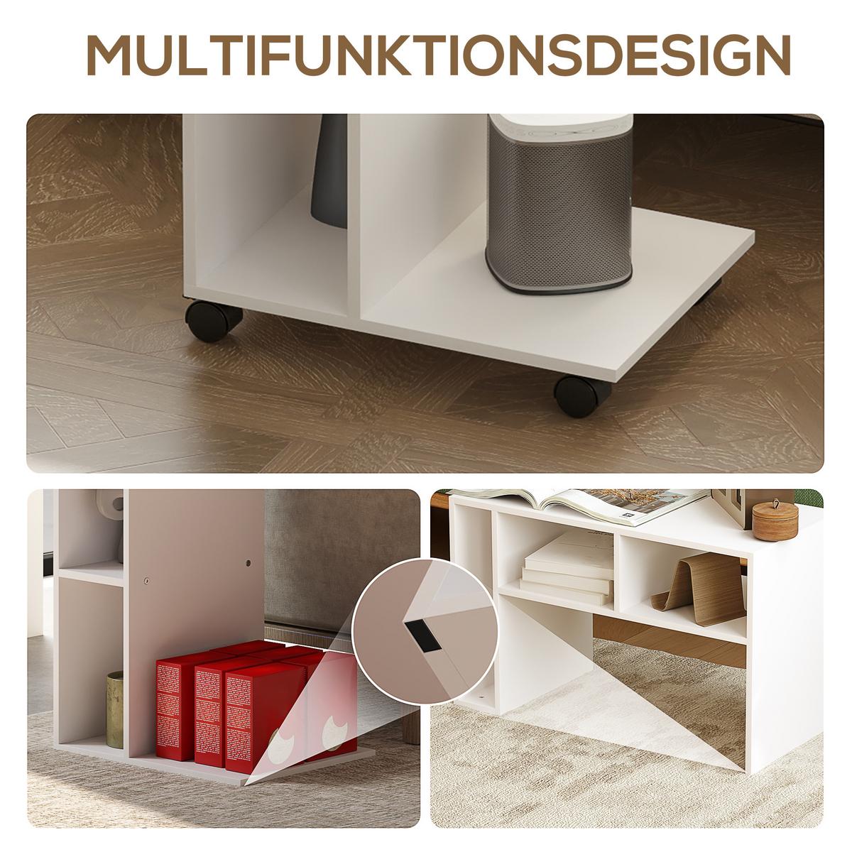 BEISTELLTISCH Couchtisch mit Rollen, Schreibtisch mit 4 Regalen, Sofatisch Weiß - Weiß, Holzwerkstoff (40/30/69cm) - HOMCOM