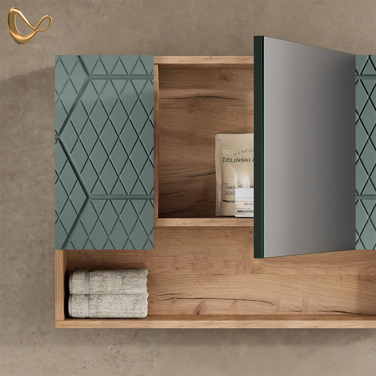 BADSPIEGELSCHRANK Ronco Grün/Goldkraft Eiche 80 x 55 cm - Honigeiche/Grün, Holzwerkstoff (80/55/17cm) - Livinity®