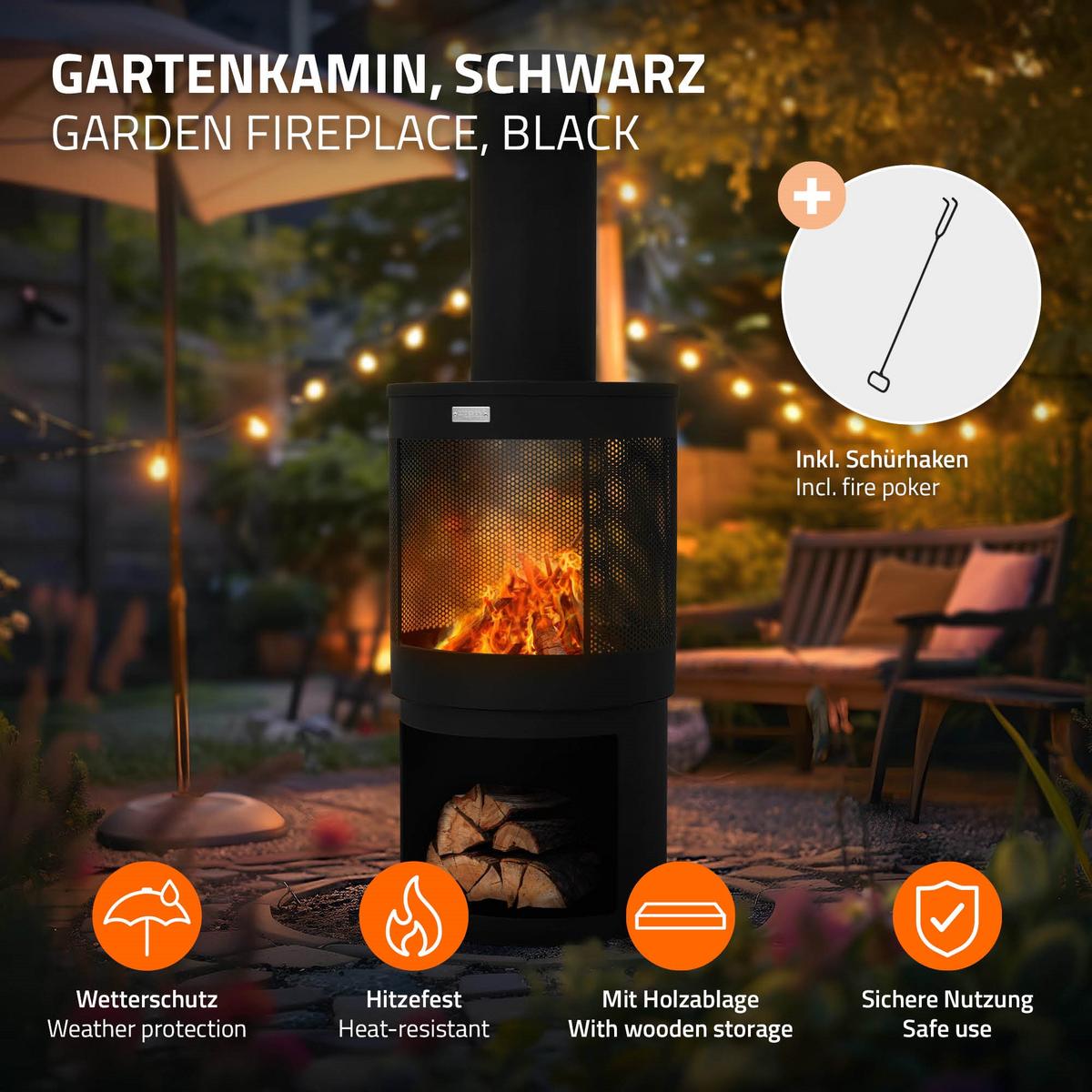 GARTENKAMIN 131x45 cm Schwarz - Schwarz, Metall (45/131/45cm) - ML-DESIGN