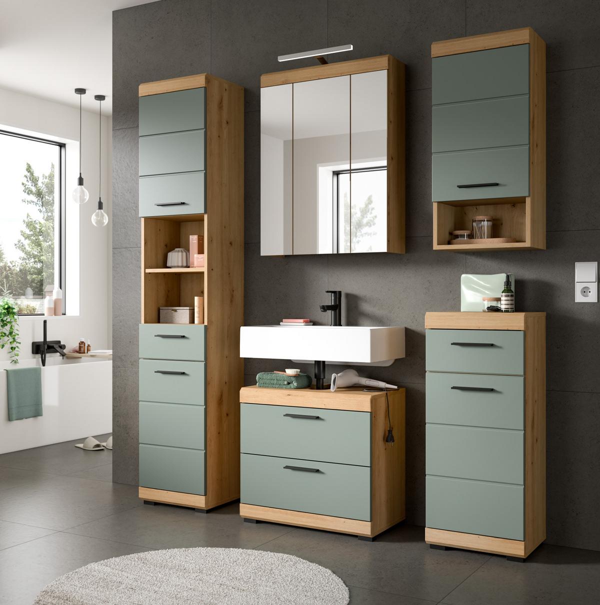 HOCHSCHRANK Salbei grün, Eiche Artisan 37 cm, Badschrank mit 6 Fächern - Salbeigrün/Schwarz, Holzwerkstoff/Kunststoff (37/191/31cm) - Inn.Furn