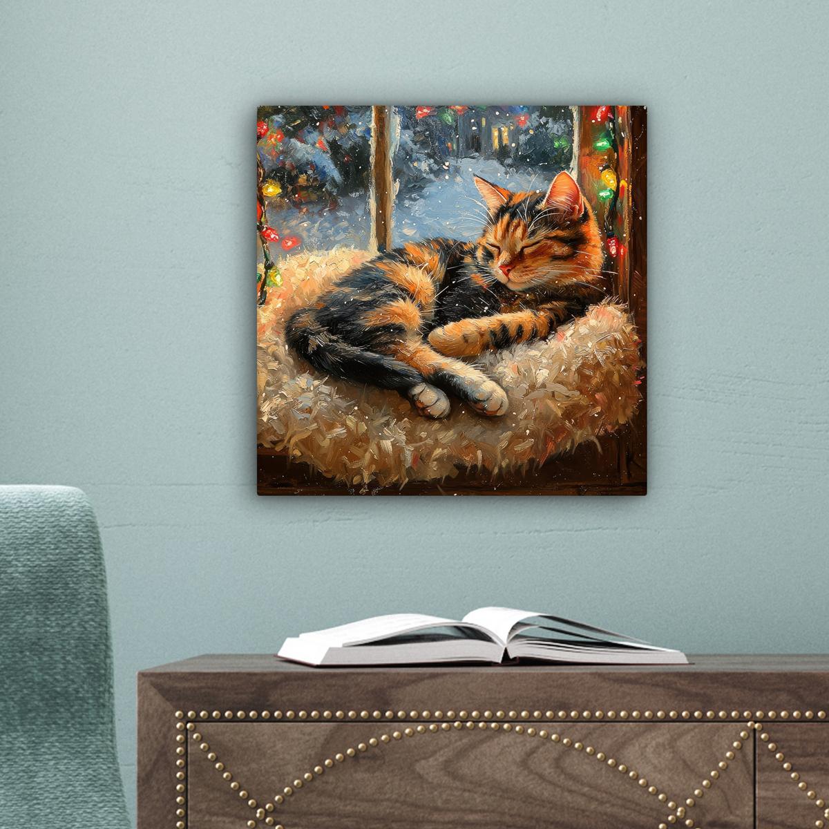 LEINWANDBILD Katze - Weihnachten - Winter - Tier Deko Wohnzimmer 20x20 cm - Bernsteinfarben, Textil (20/20cm) - MuchoWow