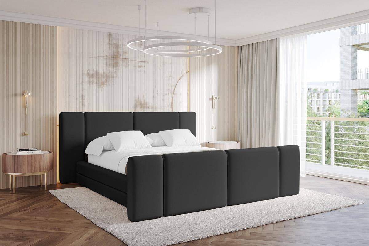 POLSTERBETT mit Bettkasten, Fußteil und Lattenrost, Bett mit Matratze H3/H4 - TEVO-Z 140x200 Schwarz - Schwarz Hochglanz, Holzwerkstoff/Textil (140/200cm) - ALTDECOR