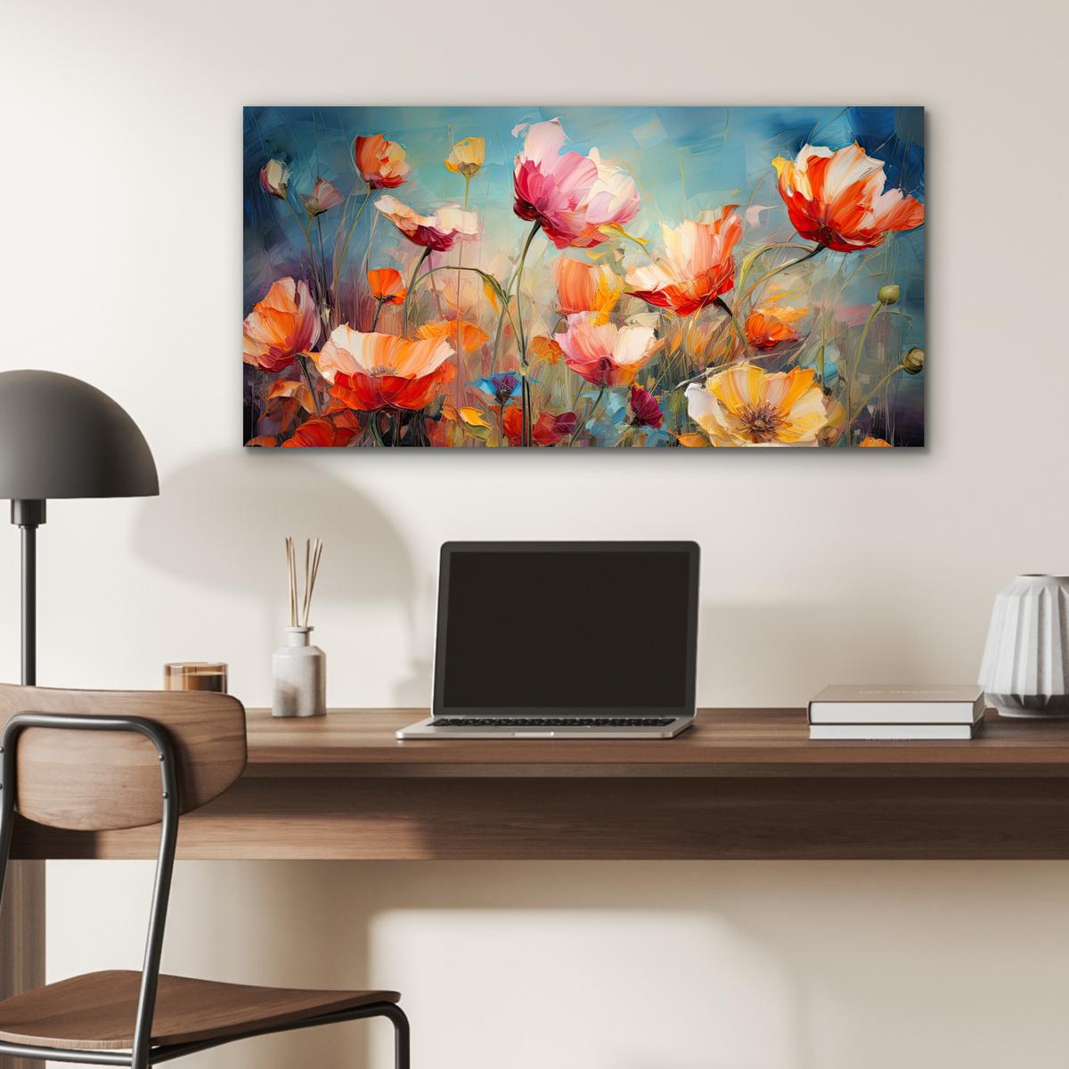 METALLBILD Blumen - Aquarell - Kunst - Botanisch - Natur 80x40 cm - Orange, Metall (80/40cm) - MuchoWow
