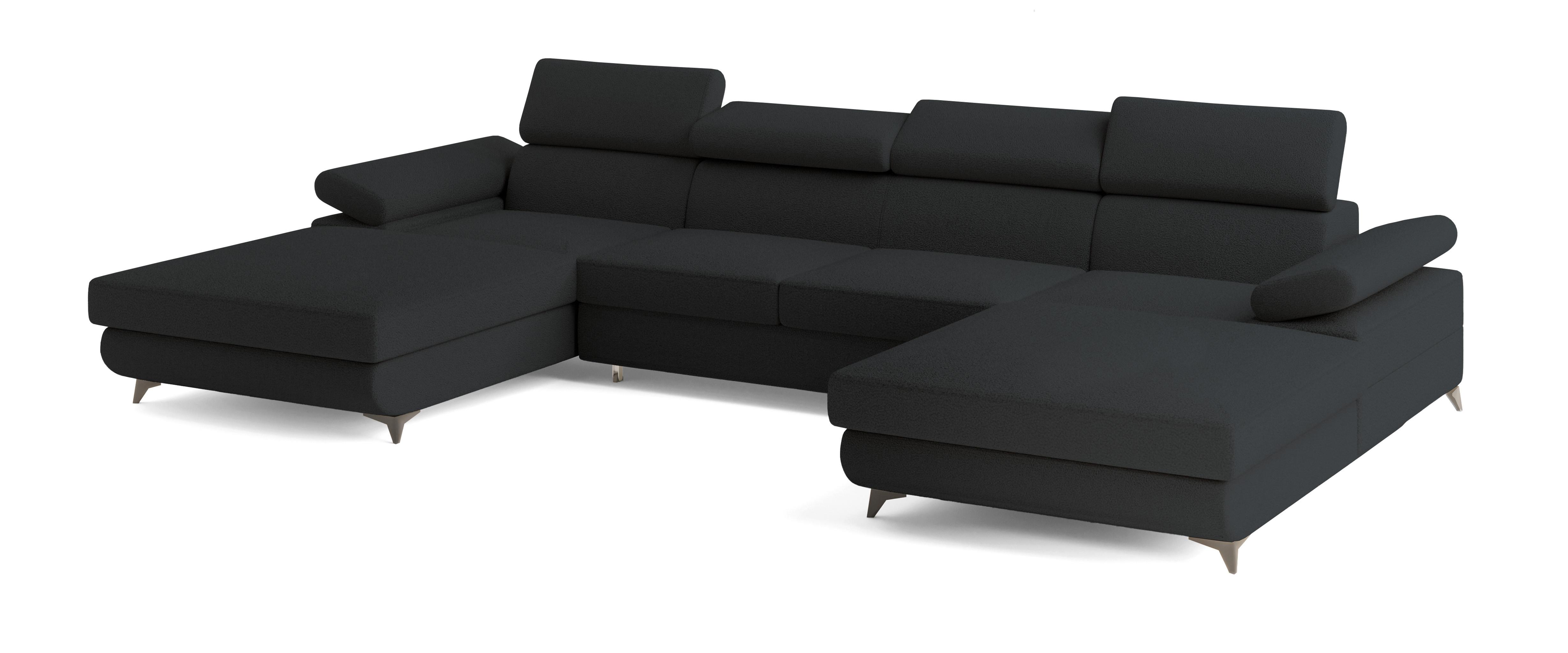 WOHNLANDSCHAFT DETTI Schwarz Boucle-Stoff mit Schlaffunktion - Schwarz, Holz (339/89/190cm) - MASSENO