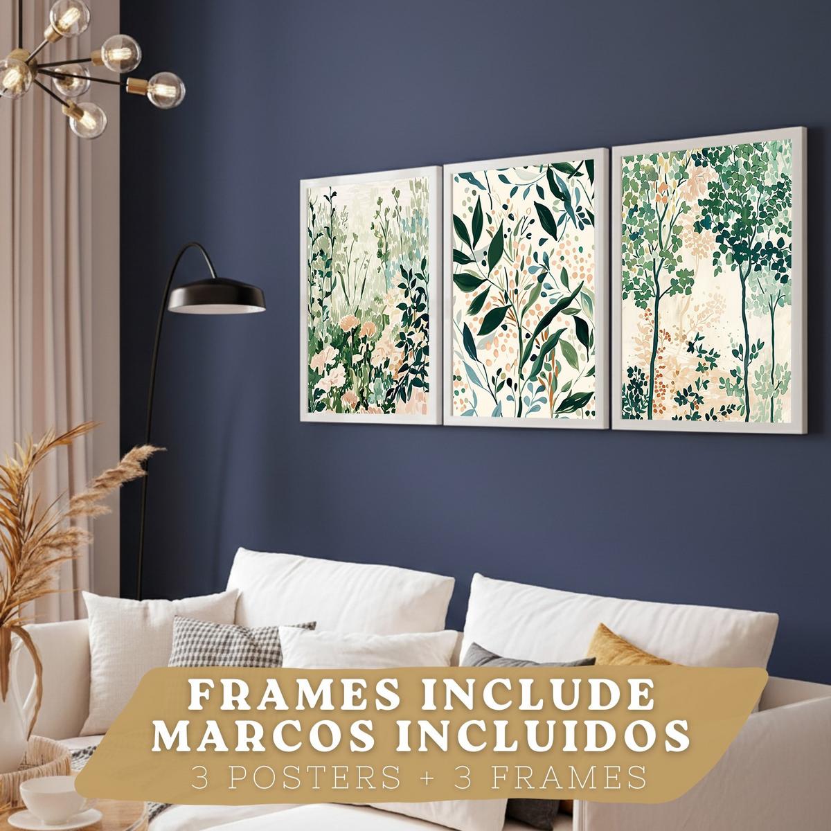 POSTER 3er-Set Wandbilder Floral Landschaft modern Wohnzimmer Deko, Schlafzimmer, Küche, Badezimmer Weißer Rahmen A3 - Weiß, Papier (29.7/1/42cm) - Nacnic