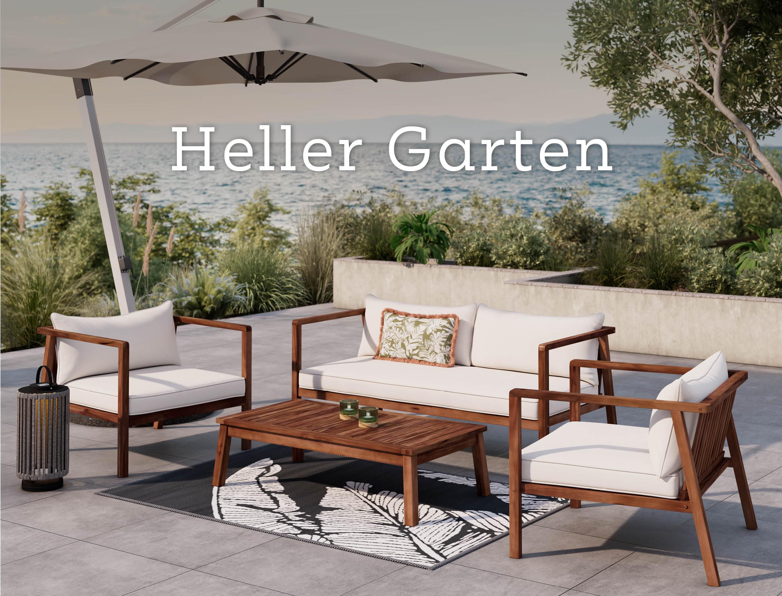 Loungegarnitur aus Holz mit weißen Auflagen, Heller Garten, mobile