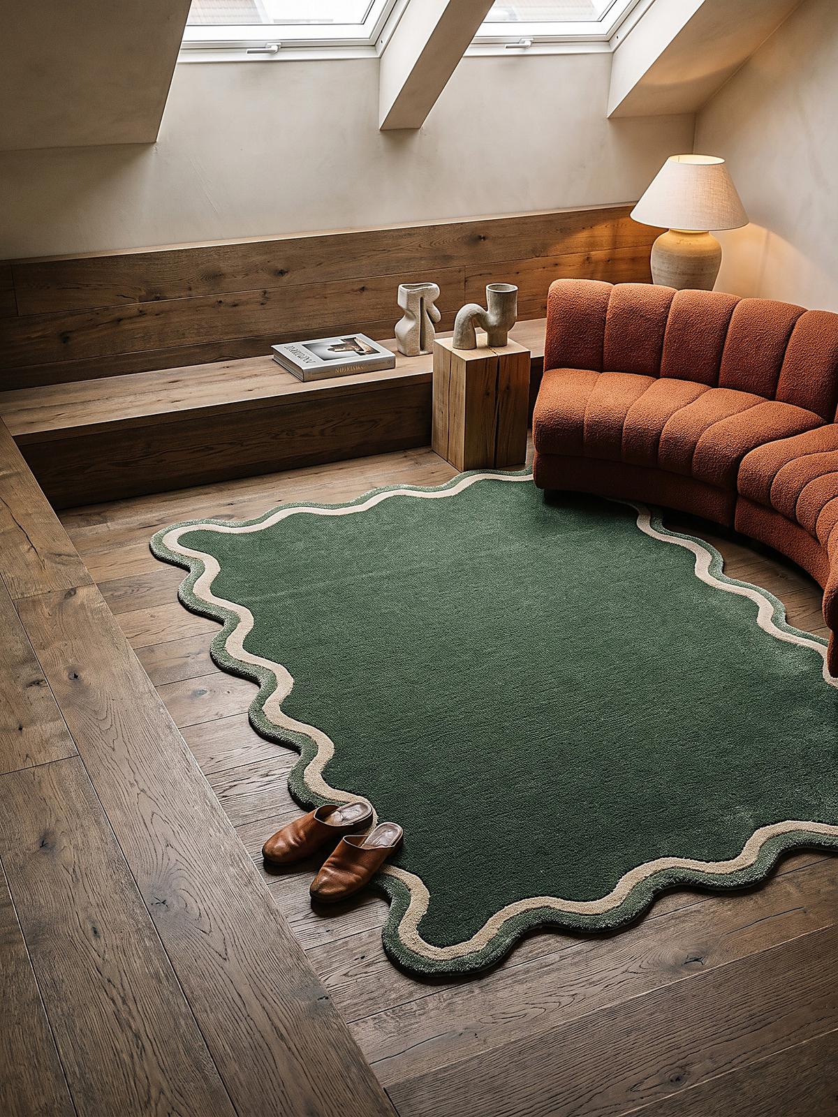 WOLLTEPPICH handgetuftet ALHAM, Wellenbordüre, Waldgrün, 120 x 170 cm - Grün, Textil (120/170cm) - KADIMA DESIGN