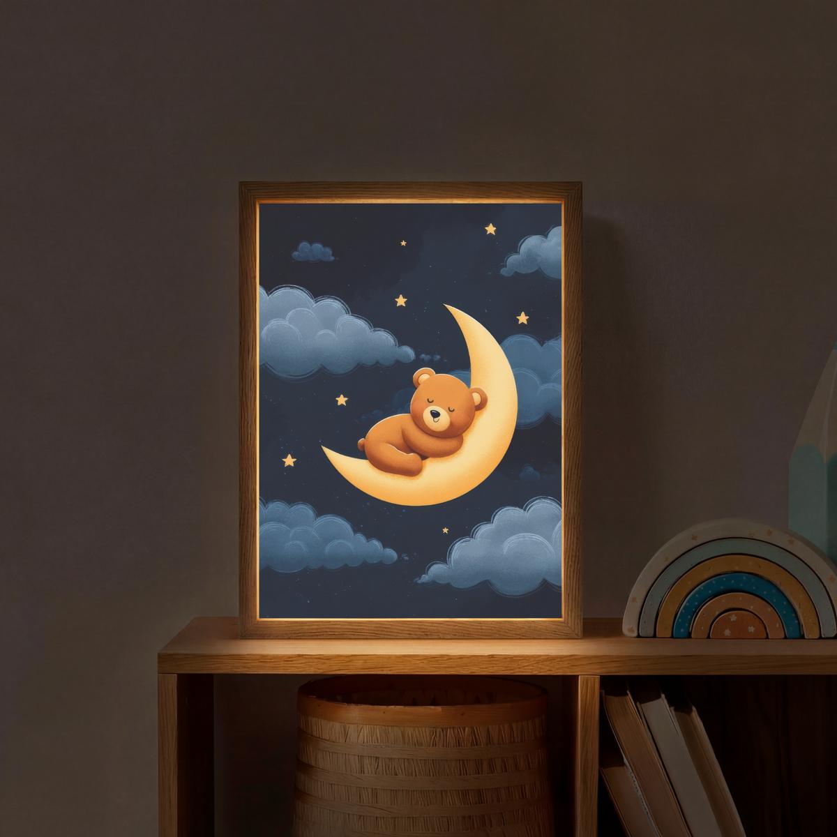 WANDLEUCHTE MIT AKKU Teddybär - Mond - Wolken - Sterne 30x40 cm - Dunkelblau, Holzwerkstoff (30/40/8cm) - OnlyWow