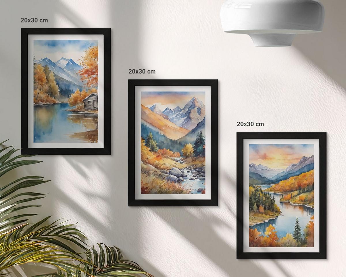 BILDER SET 3er Set - 20x30 cm Schwarzer Rahmen - Berglandschaft, Fluss, Herbst - Schwarz, Kunststoff (20/30cm) - TULUP