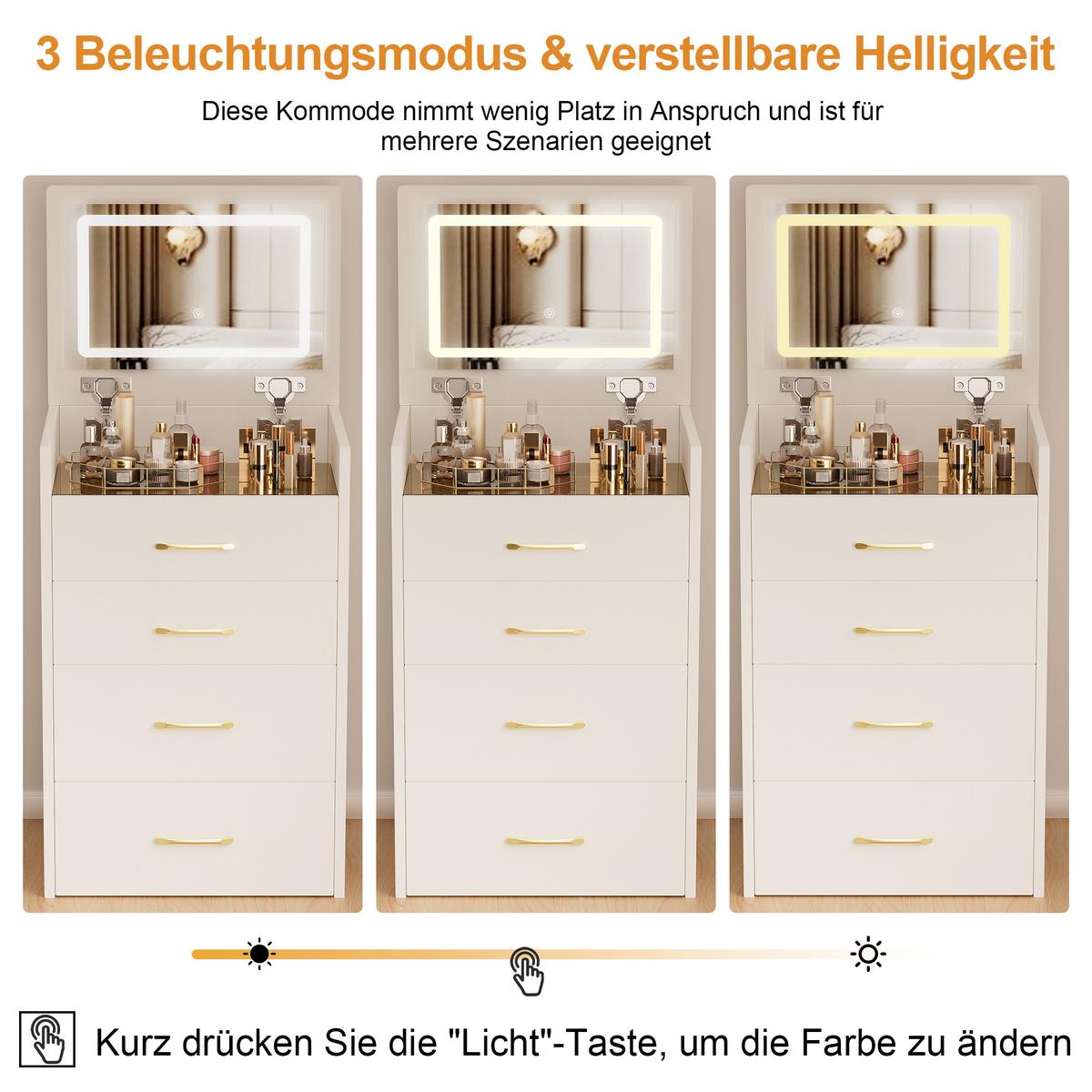 SCHMINKTISCH 3-in-1 Nachttisch (60 cm) in Weiß mit Klappspiegel, Glasplatte & Hocker - Weiß, Holzwerkstoff (60/118/40cm) - Urban Meuble