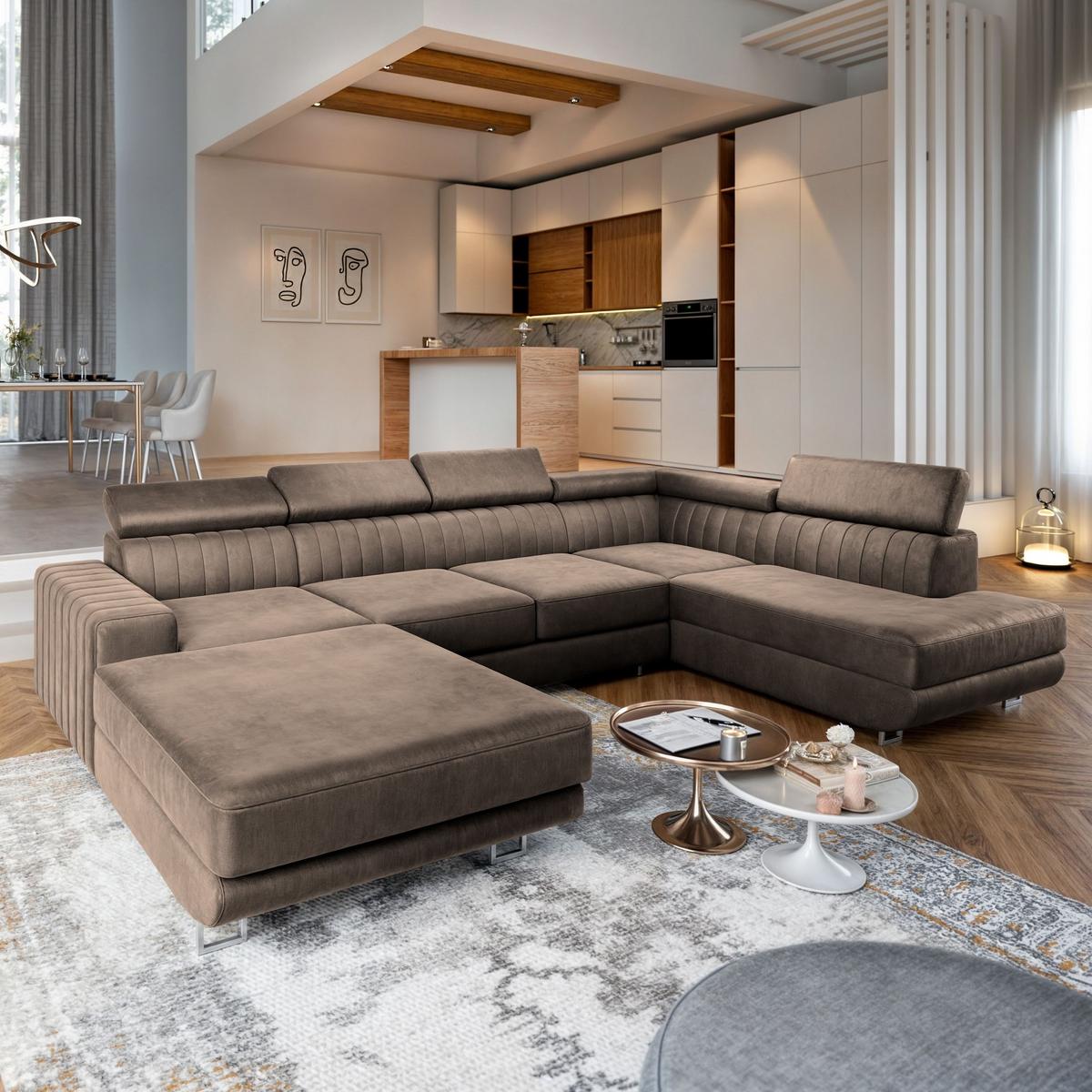WOHNLANDSCHAFT SIENA R-S Beige Velours-Stoff mit Schlaffunktion - Beige/Silberfarben, Holz/Textil (335/89/190cm) - MASSENO