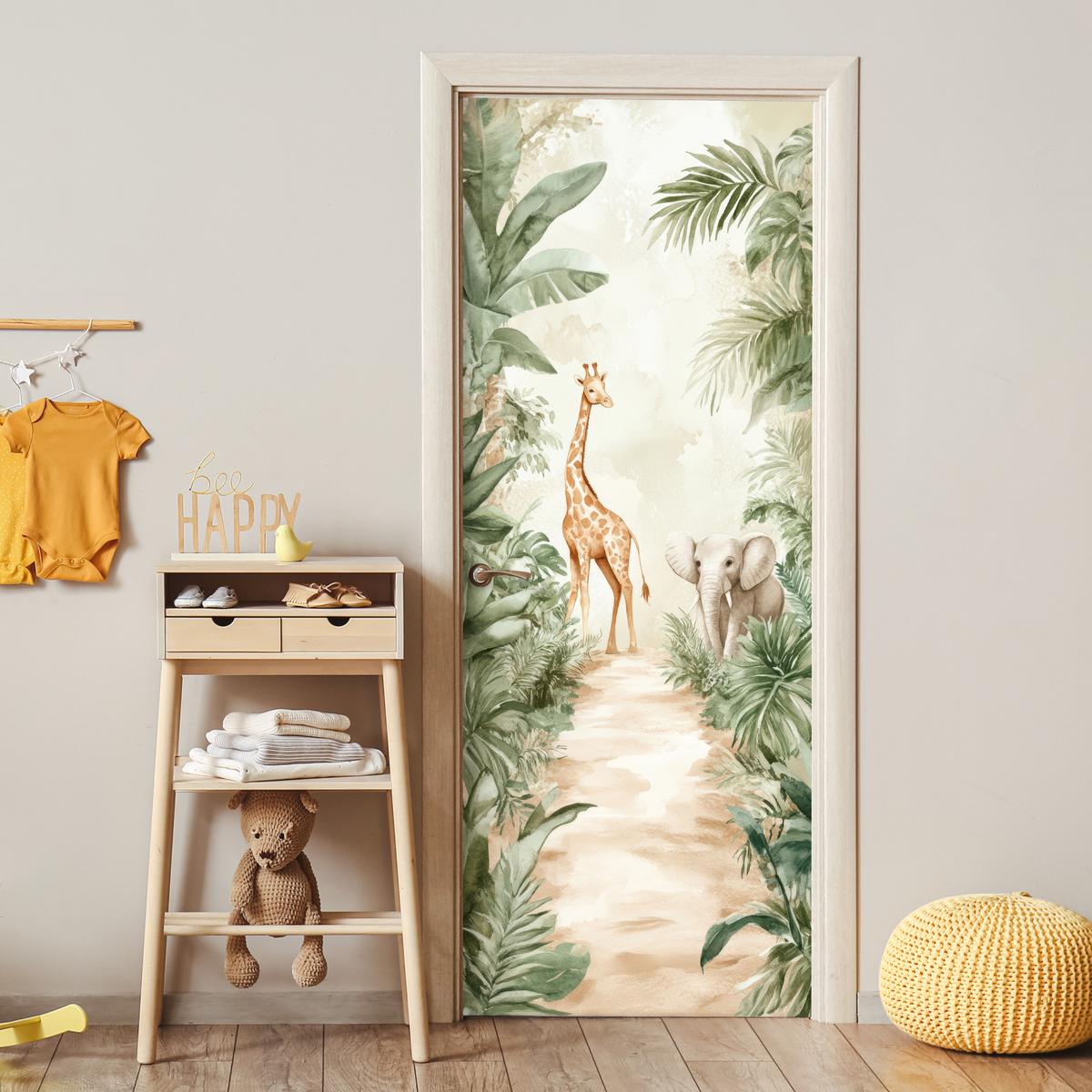 TÜRAUFKLEBER Dschungel - Giraffe - Elefant - Grün - Natur 90x235 cm - Türtapete - Eukalyptusholzfarben, Kunststoff (90/0.1cm) - MuchoWow