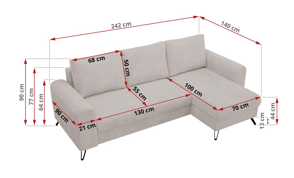 ECKSOFA Hugo Cord Weiß - Schwarz/Weiß, Textil/Metall (242/140cm) - MKS
