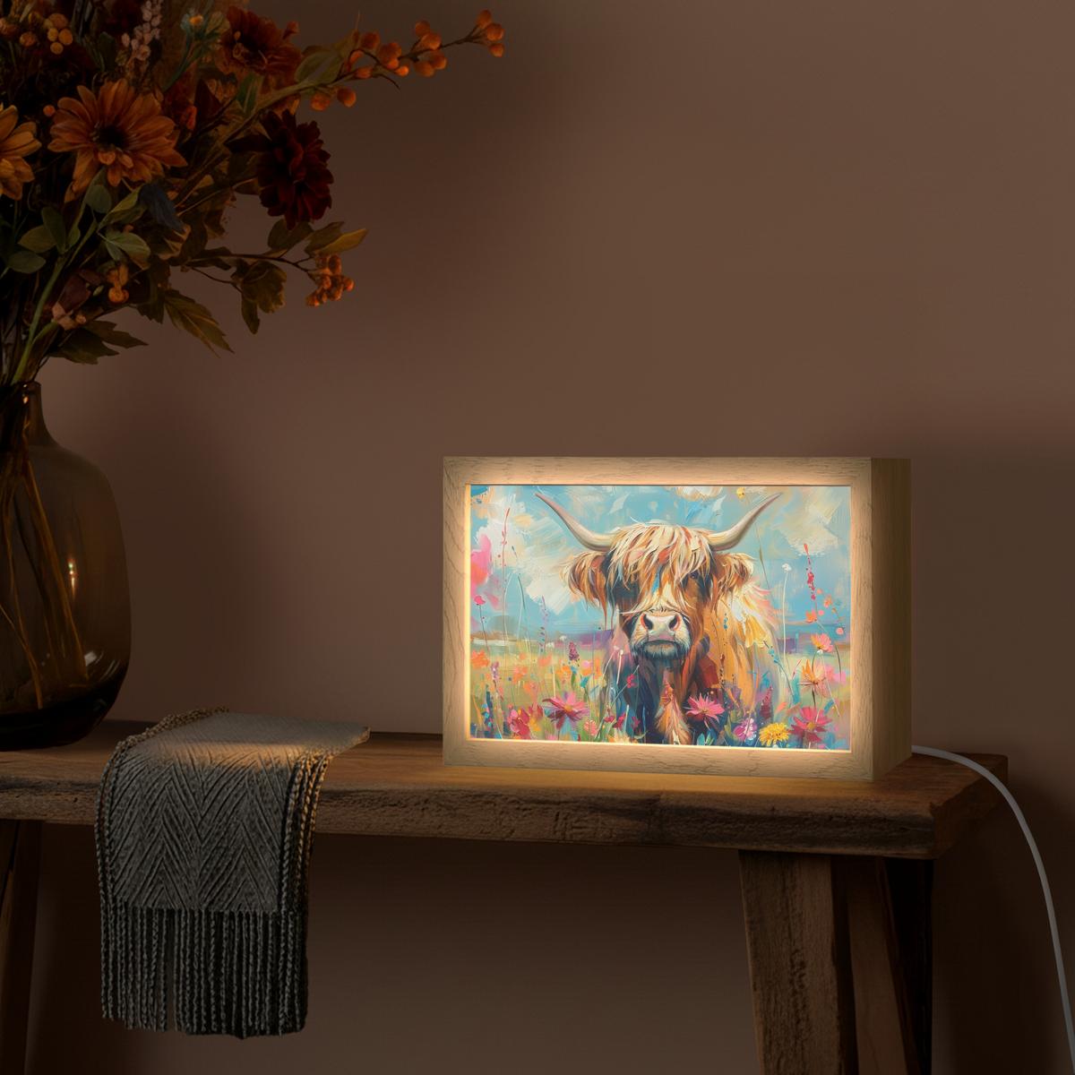 WANDLEUCHTE Schottische Hochländer - Natur - Farbenfroh - Blumen 30x20 cm - Multicolor, Holzwerkstoff (30/20/8cm) - OnlyWow