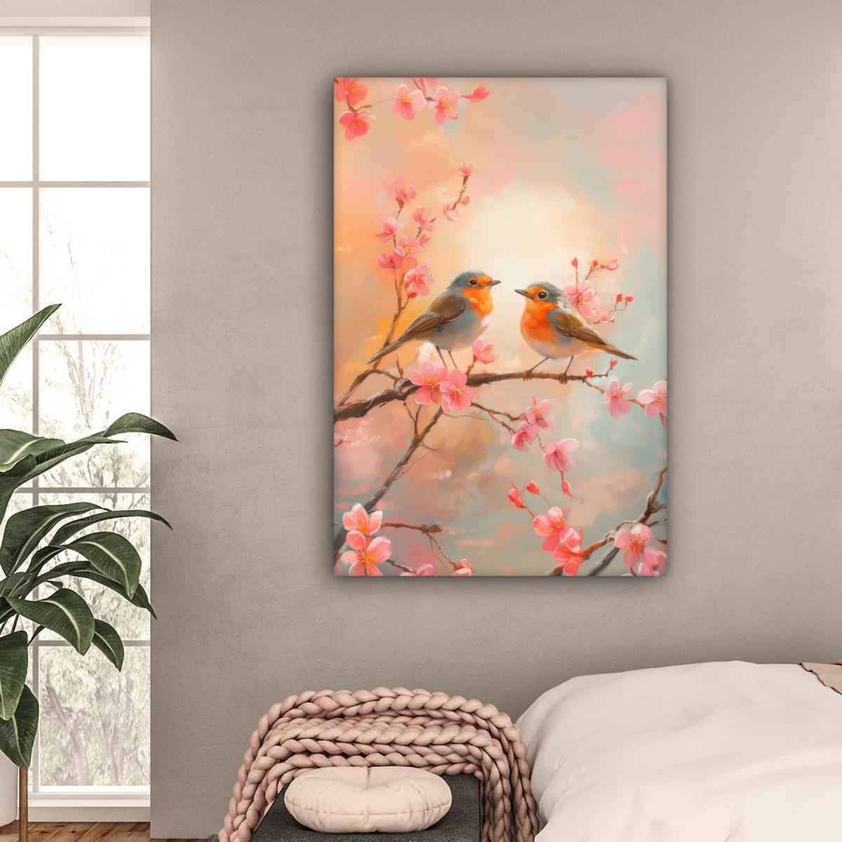 LEINWANDBILD Rotkehlchen - Zierpflanze - Blütenzweig Deko XXL 80x120 cm - Hellrosa, Textil (80/120cm) - MuchoWow