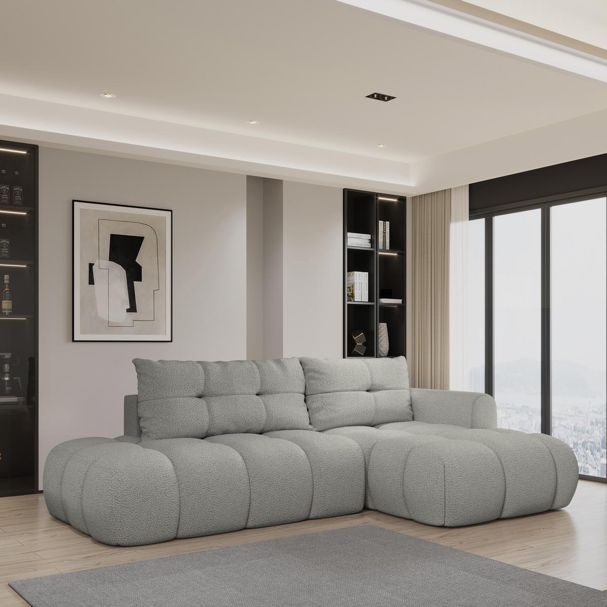 ECKSOFA FLUMA R-S Hellgrau Boucle-Stoff mit Schlaffunktion - Hellgrau, Holz (279/158cm) - MASSENO