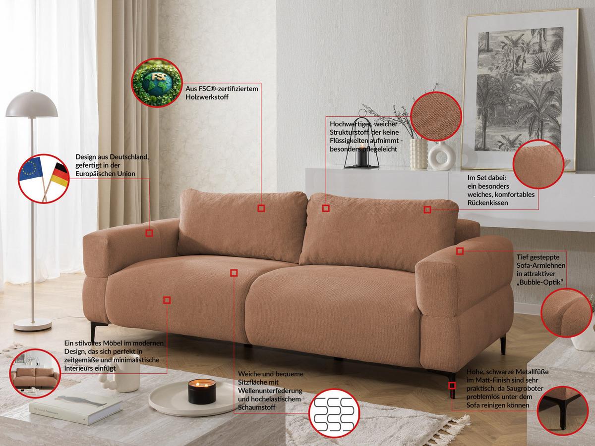 3-SITZER-SOFA Cardea in Bubble-Optik aus weichem Terrakotta Strukturstoff mit hohem Sitzkomfort - Terracotta/Schwarz, Holz/Textil (217/80/97cm) - S-Style Möbel