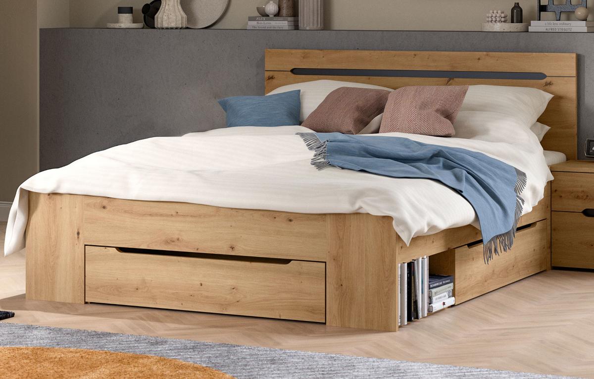 BETT Eiche, grau Liegefläche 140 x 200 cm, Stauraumbett mit 3x Bettschubkasten - Eiche Artisan/Grau, Holzwerkstoff/Metall - Inn.Furn