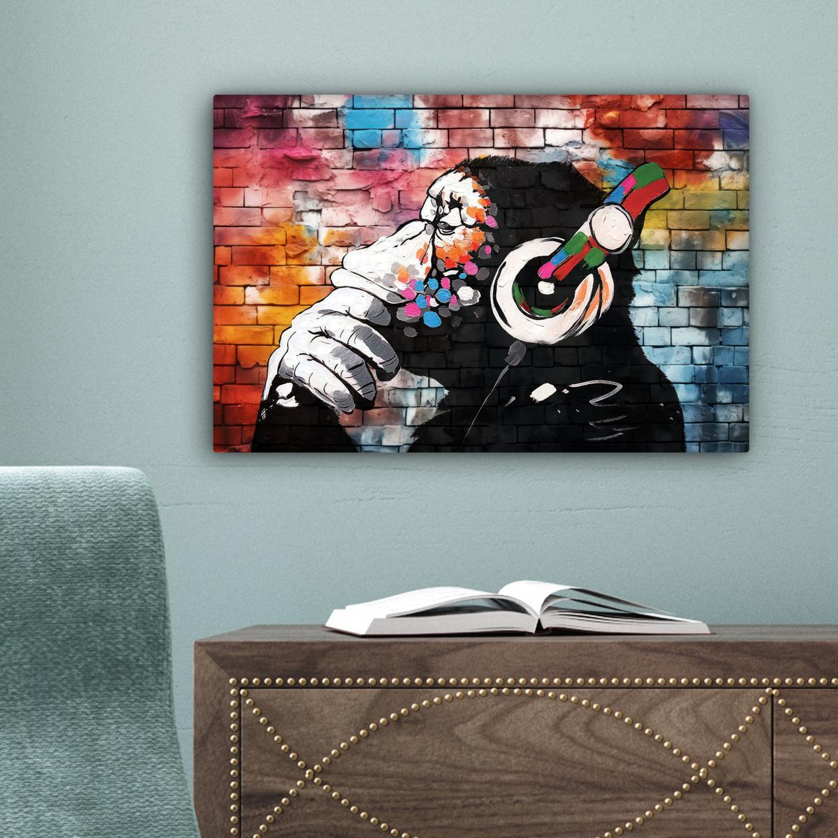 LEINWANDBILD Affe - Graffiti - Musik Deko Schlafzimmer 30x20 cm - Multicolor, Textil (30/20cm) - MuchoWow