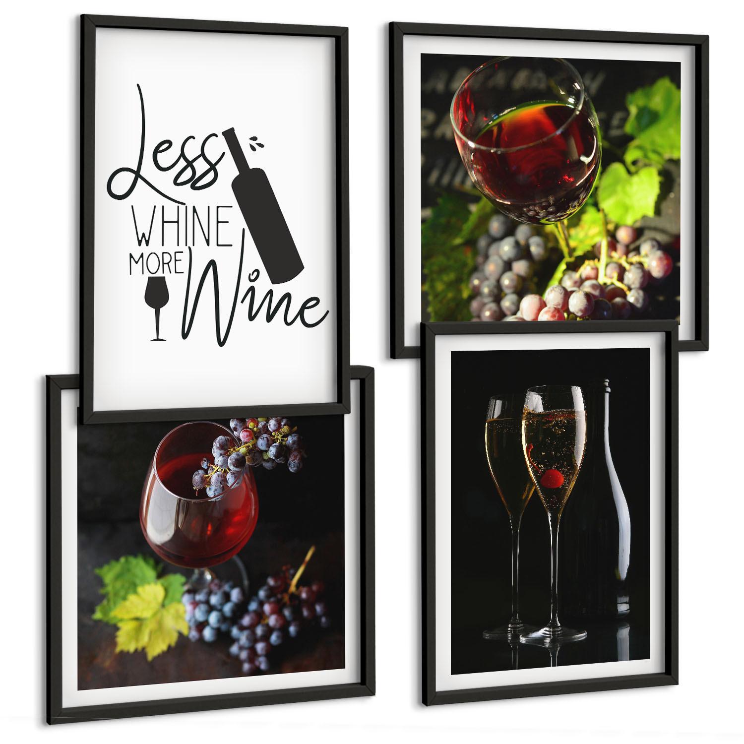 BILDER SET 4er Set - 50x50 cm & 40x60 cm Schwarzer Rahmen - Weingläser mit Trauben und Inschrift - Schwarz, Kunststoff (50/50cm) - TULUP