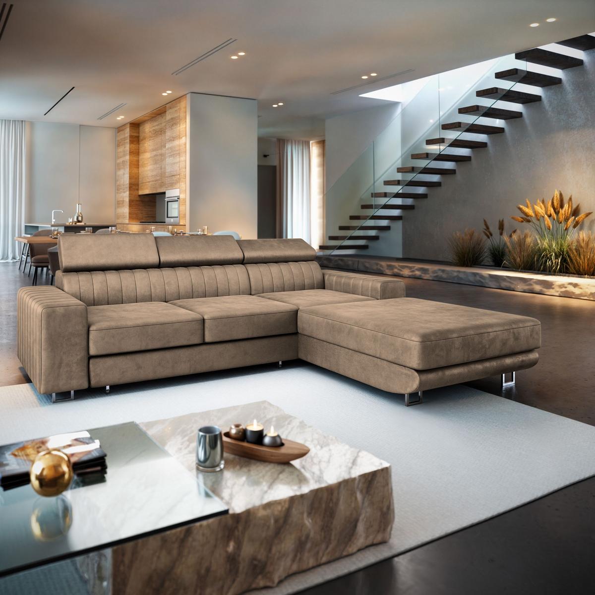 ECKSOFA NOTO R-S Beige Velours-Stoff mit Schlaffunktion - Beige/Silberfarben, Holz/Textil (267/190cm) - MASSENO