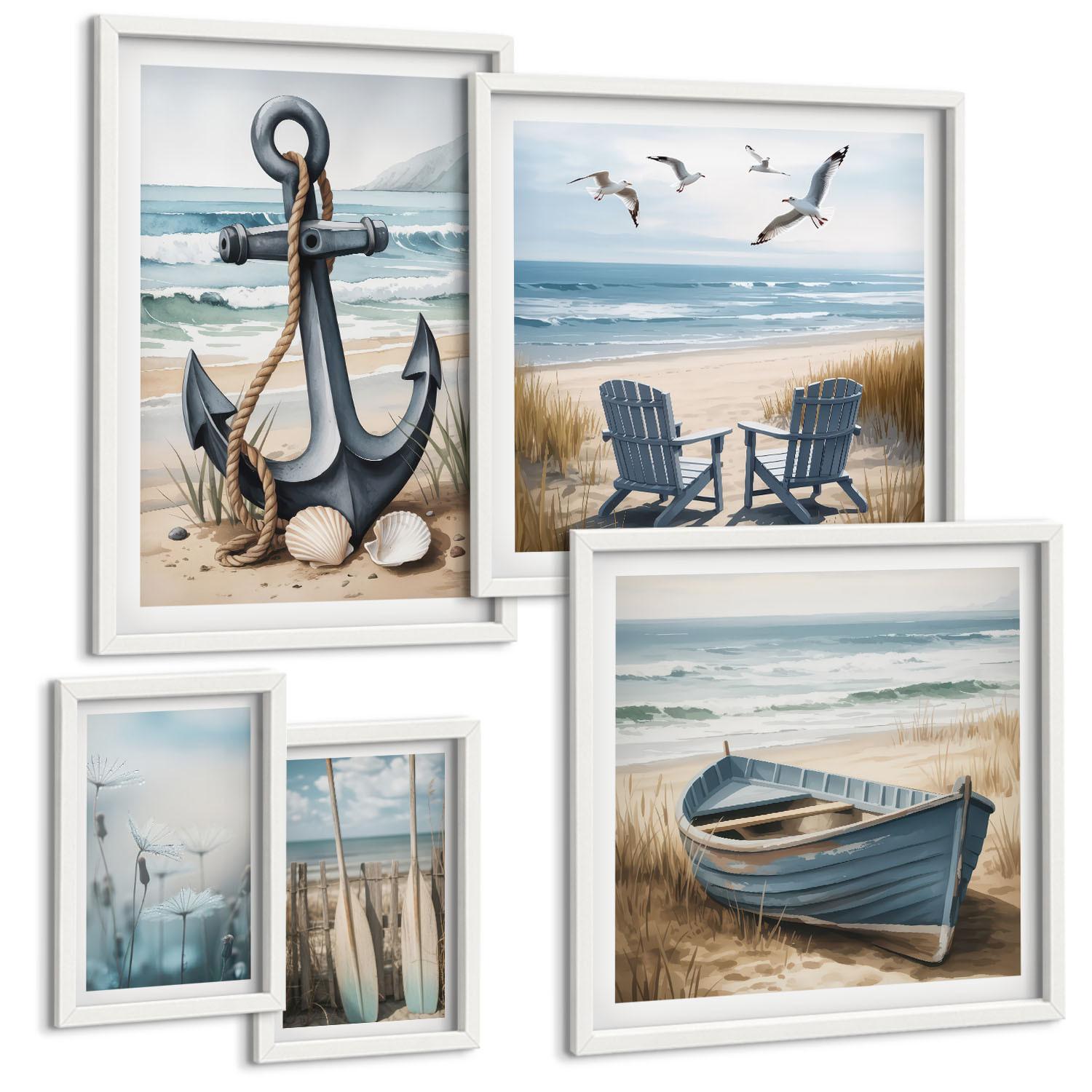 BILDER SET 5er Set - 50x50 cm & 20x30 cm & 40x60 cm Weißer Rahmen - Waldlandschaft, See Łódź - Weiß, Kunststoff (40/60cm) - TULUP