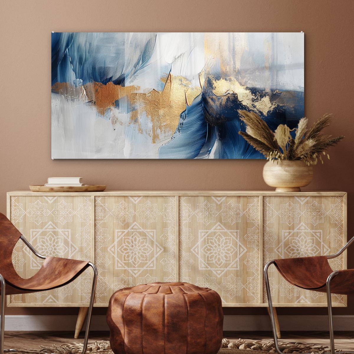 ACRYLGLASBILD Gold - Blau - Aquarell - Kunst - Modern 120x60 cm - Hellblau, Glas (120/60cm) - MuchoWow