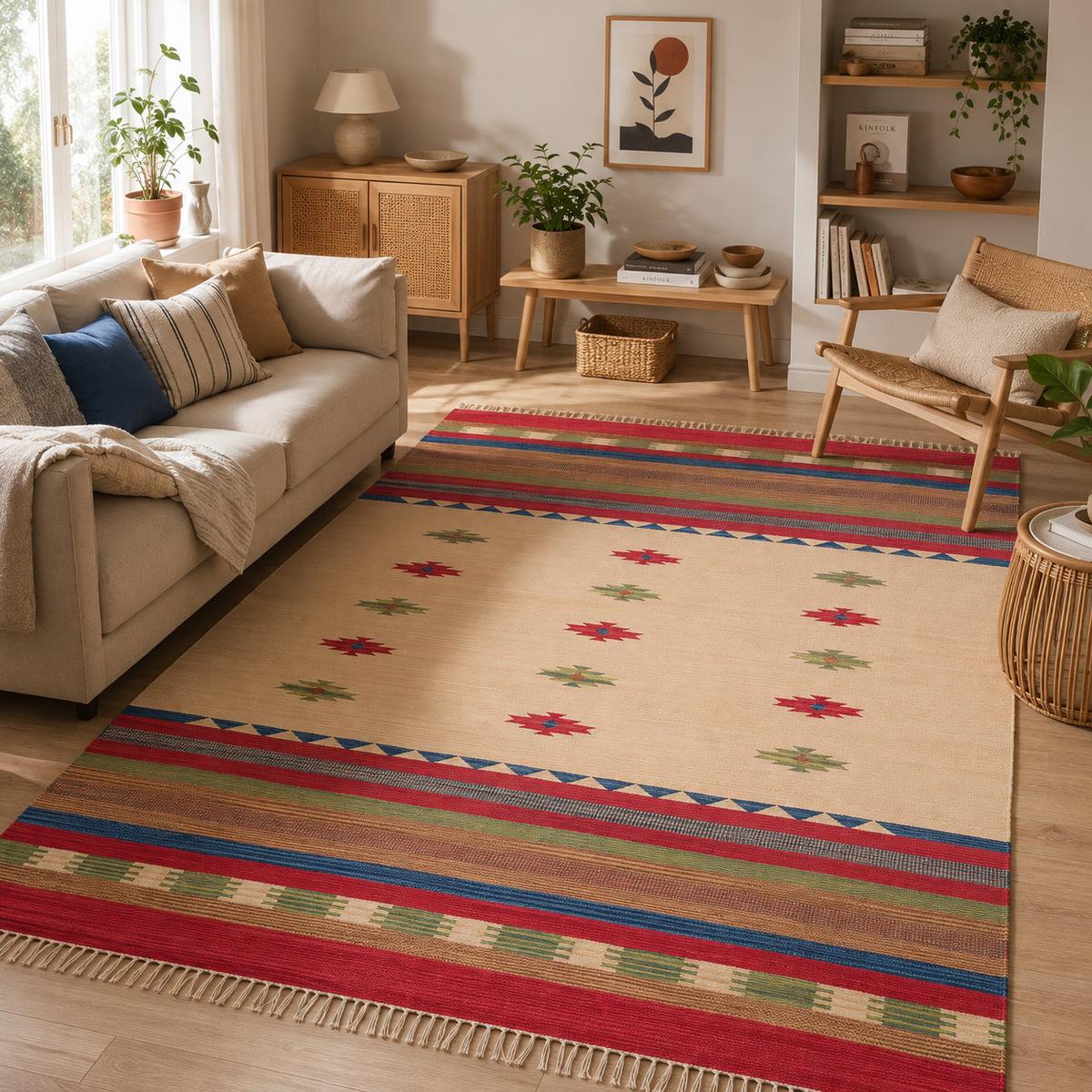 FLECKERLTEPPICH BAUMWOLLE NATUR KELIM LINA TREND - Rot, Textil (90/160cm) - Pergamon