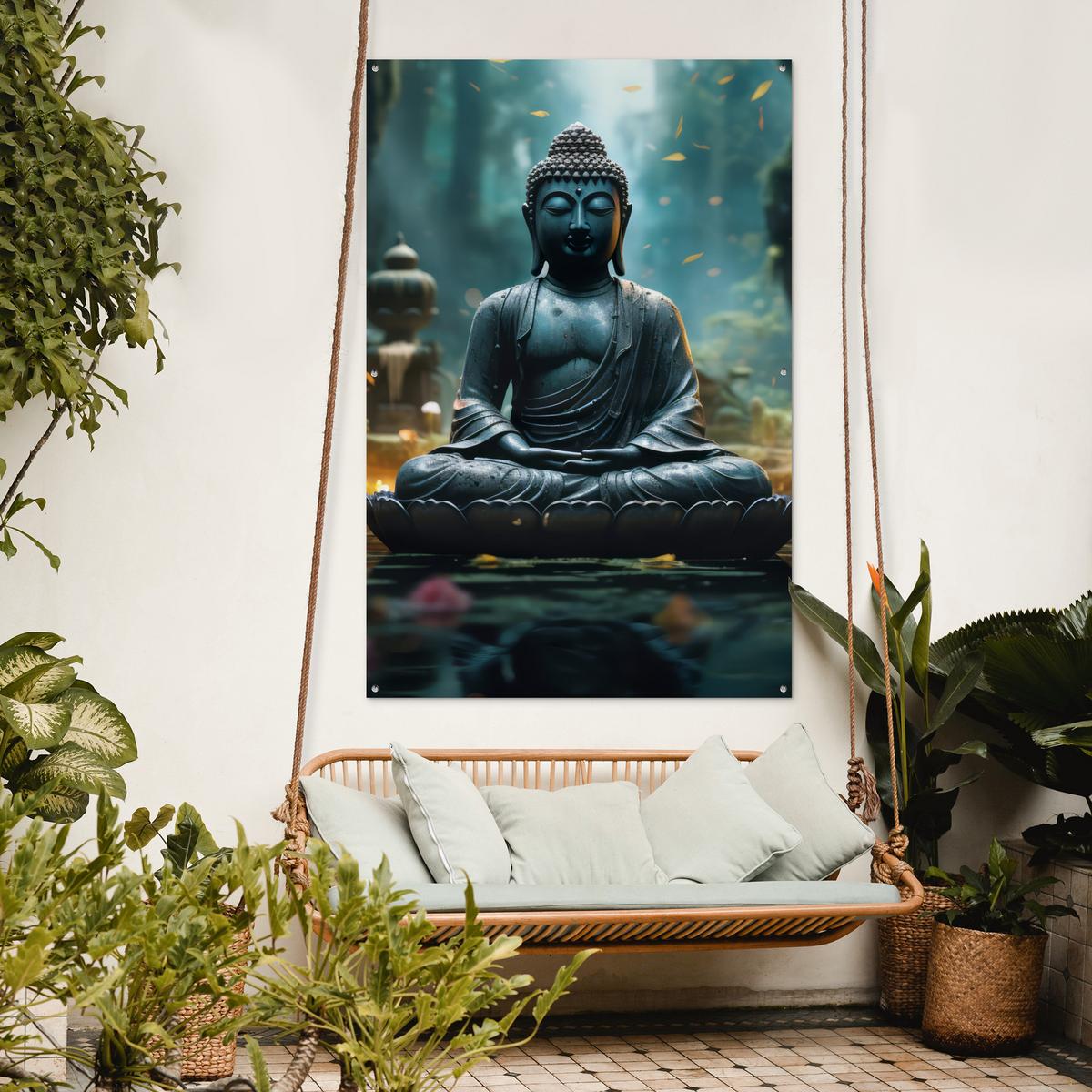 GARTENPOSTER Buddha - Statue - Buddha - Zen - Kunst - Buddha Bild 120x180 cm - Dunkelgrau, Kunststoff (120/180/0.2cm) - OnlyWow