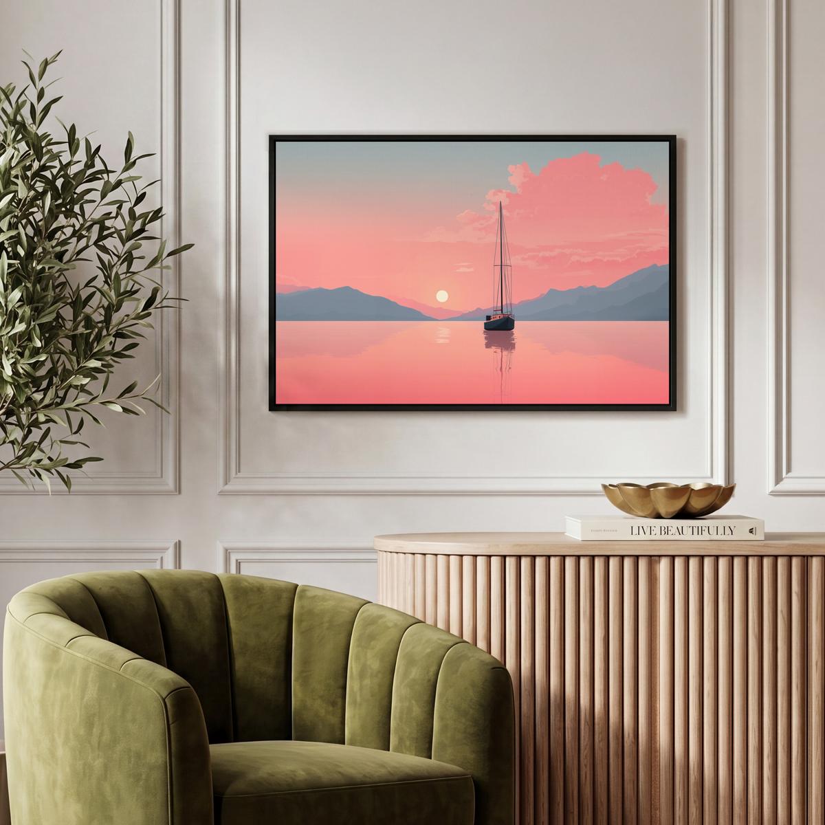 LEINWAND Bilder mit Rahmen - Segelboot - Rosa Meer - Sonnenuntergang - Berge - 60x40 - Rosa, Textil (60/40cm) - MuchoWow