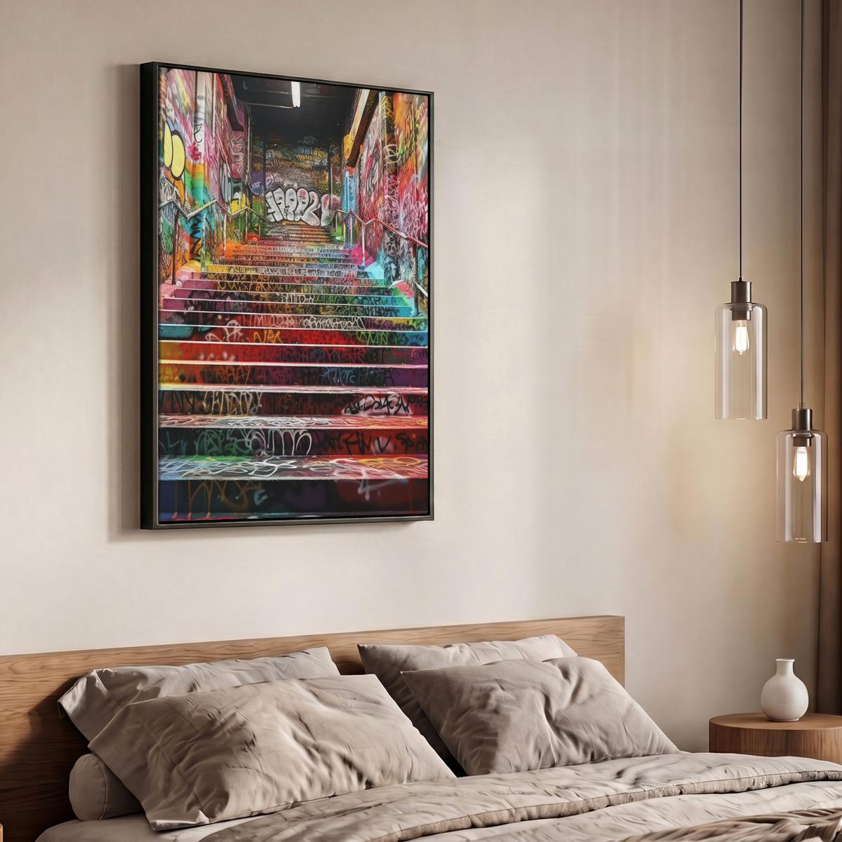 LEINWAND Bilder mit Rahmen - Treppe - Graffiti - Farben - Kunst - 70x100 - Multicolor, Textil (70/100cm) - MuchoWow
