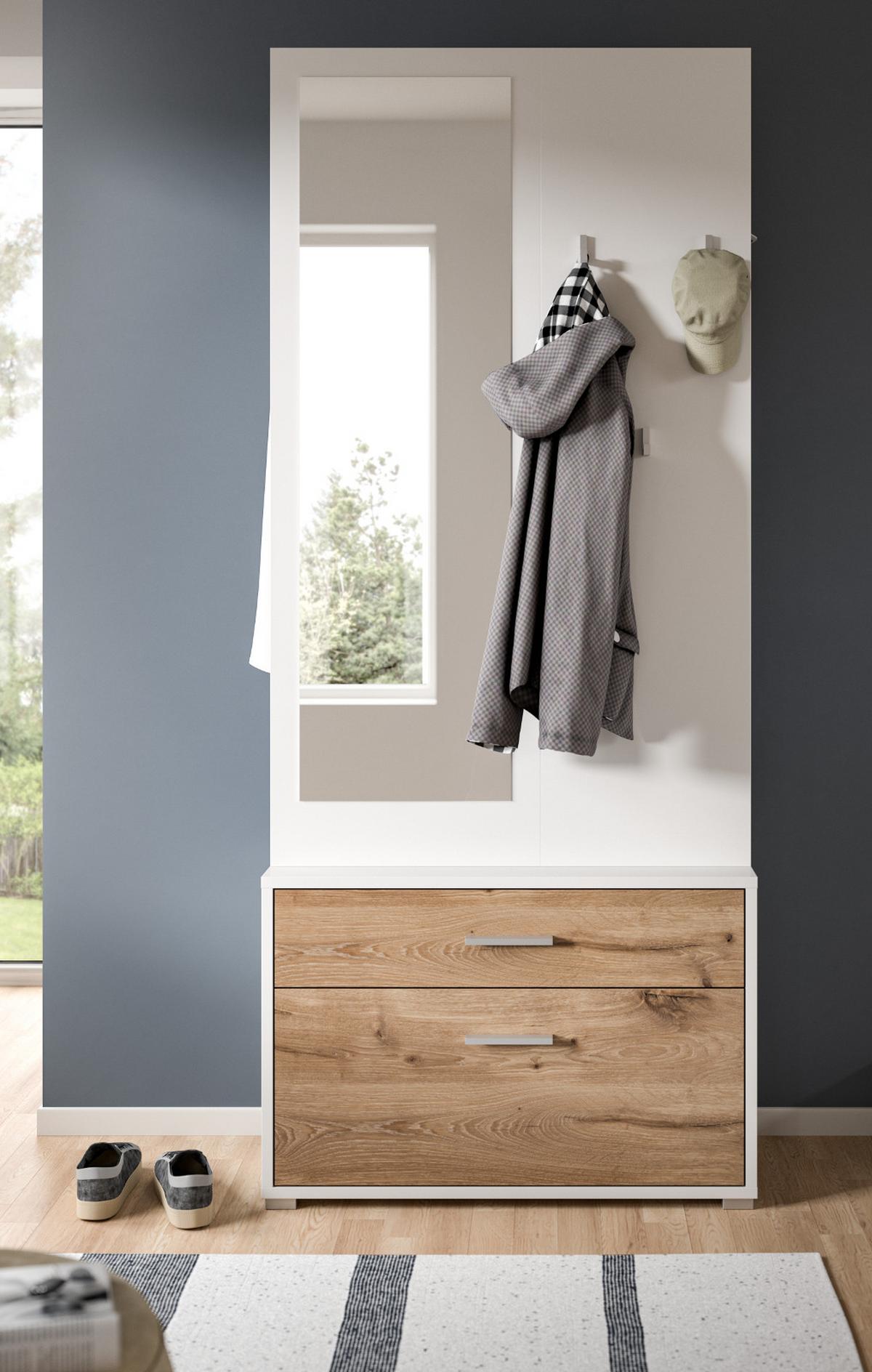 KOMPAKTGARDEROBE weiß, Eiche Nox, Garderobe mit Spiegel 80 x 190 cm - Eichefarben/Silberfarben, Glas/Holzwerkstoff (80/190/38cm) - Inn.Furn