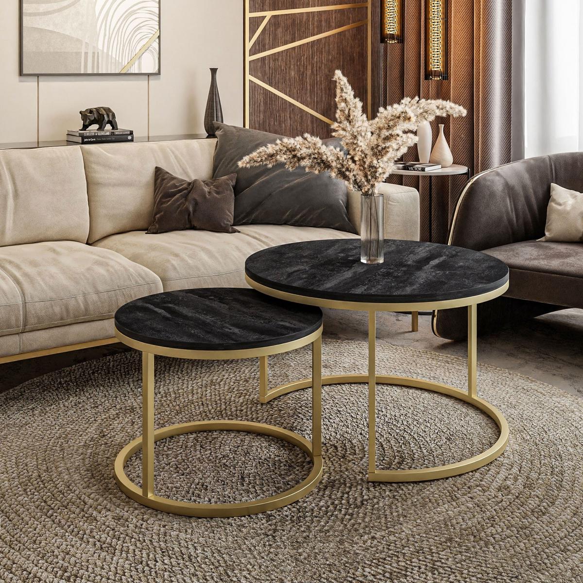 COUCHTISCH 2-in-1 CIRI dunkler Beton matt gold - Goldfarben, Holzwerkstoff (70/70/48cm) - Lookway