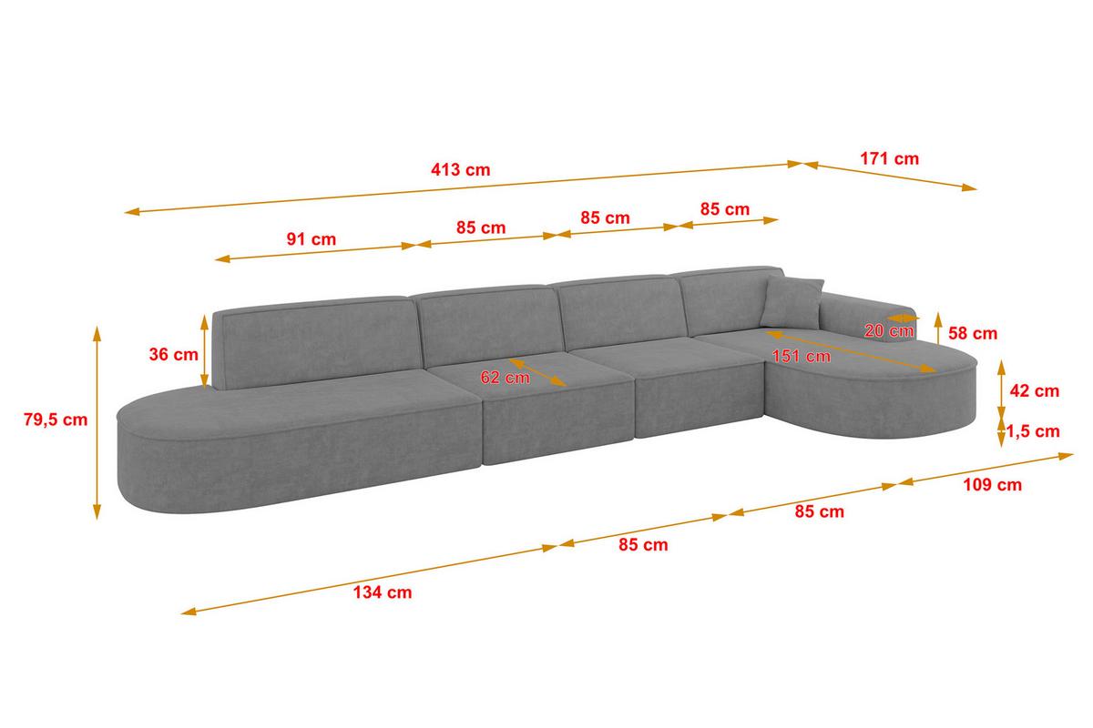 ECKSOFA Ottomane Rechts MARI-L3 - 413x171x79 cm Grau Velours - Schwarz/Grau, Holzwerkstoff/Kunststoff (171/413cm) - ALTDECOR