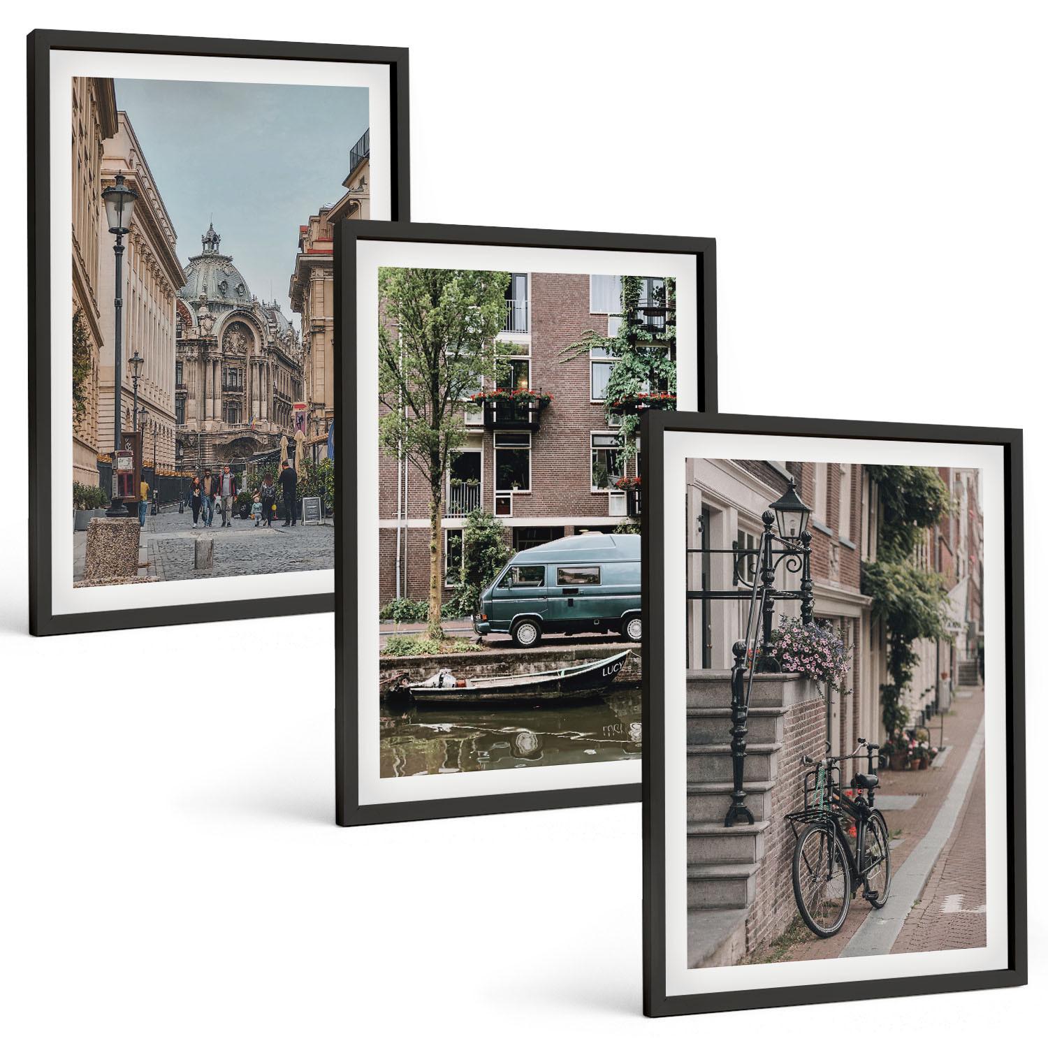 BILDER SET 3er Set - 40x60 cm Schwarzer Rahmen - Stadtansichten von Gebäuden - Schwarz, Kunststoff (40/60cm) - TULUP