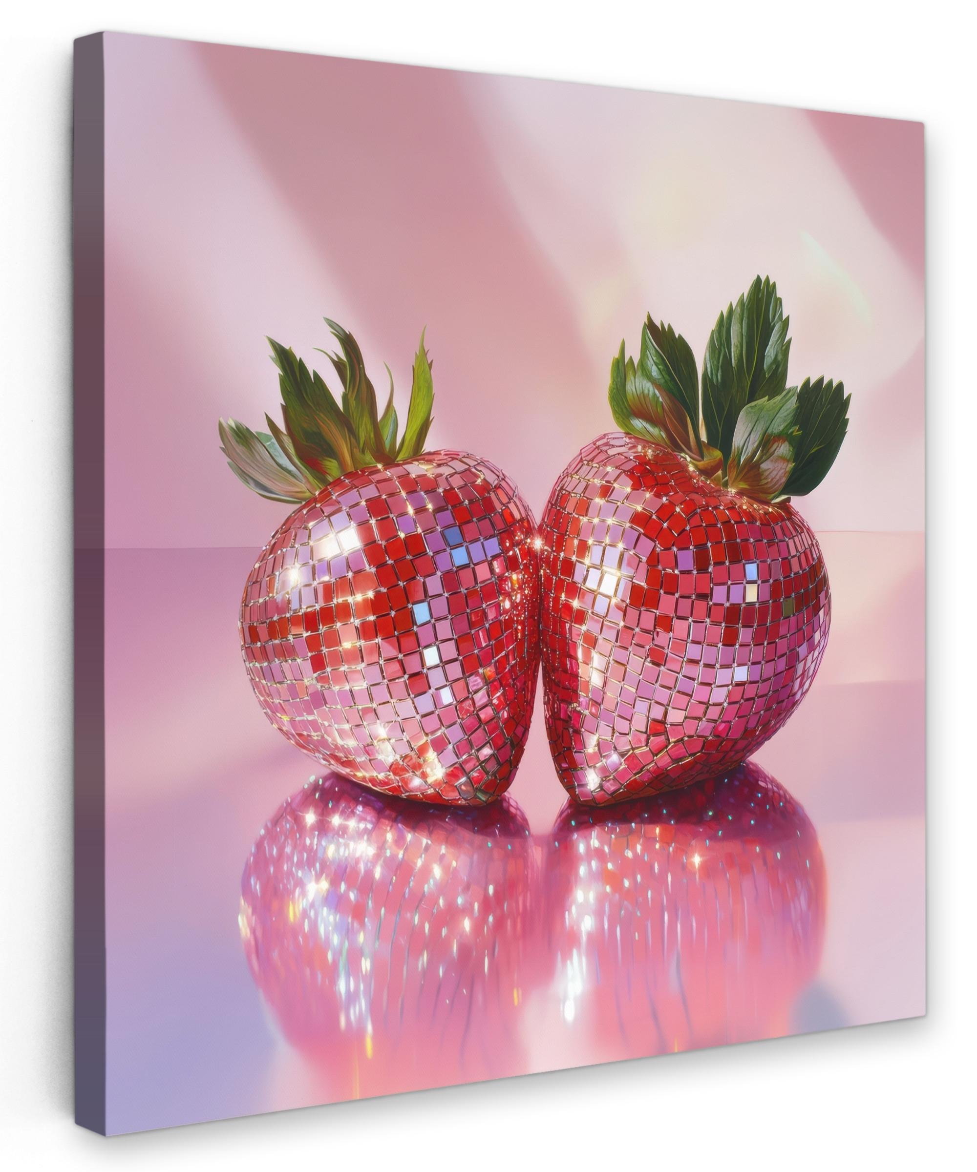 LEINWANDBILD Disco - Obst - Glitzer - Erdbeere Deko Groß 90x90 cm - Pink, Textil (90/90cm) - MuchoWow