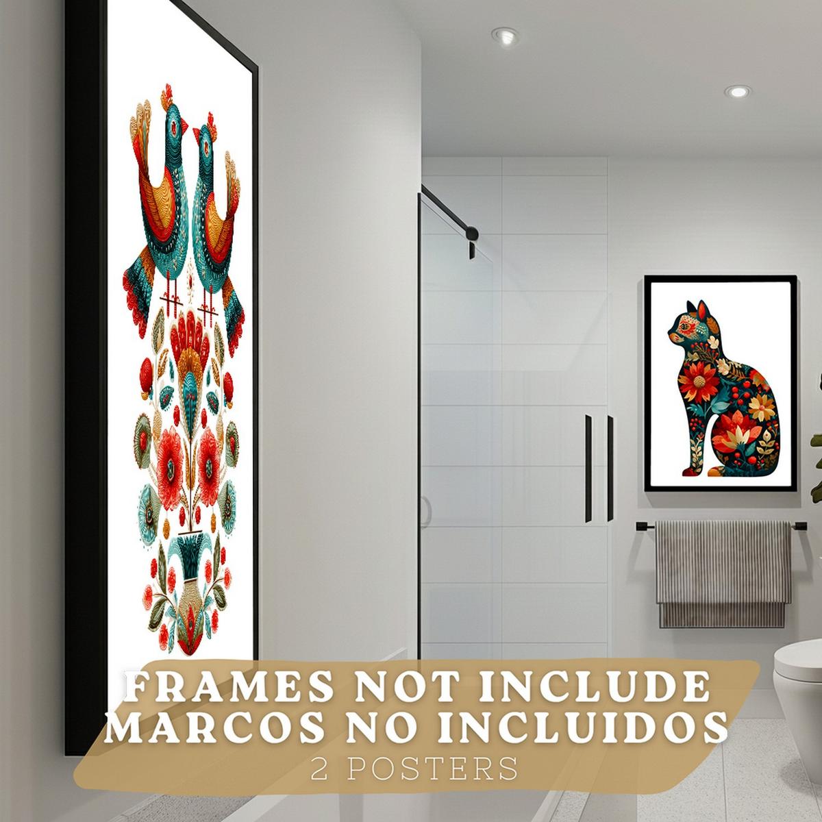 POSTER 2er-Set dekorative Badezimmer-Kunstdrucke, im Stil der Volkskunst für Wand, Toilette mit Vögeln und elegantem Blumen-Katzen Rahmenlos A3 - Klar, Papier (42/29.7/3cm) - Nacnic