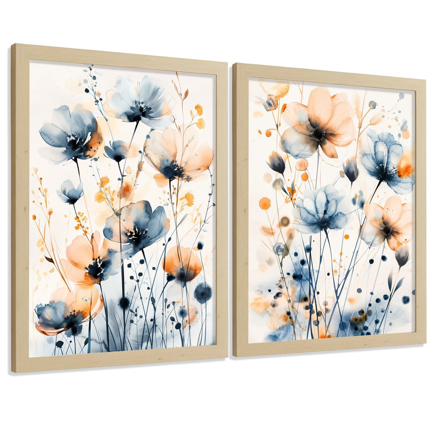 POSTER 2er-Set Wandbilder Blumen Blau Orange Boho modern Wohnzimmer Deko, Schlafzimmer, Küche, Badezimmer Rahmenlos A3 - Beige, Papier (29.7/1/42cm) - Nacnic