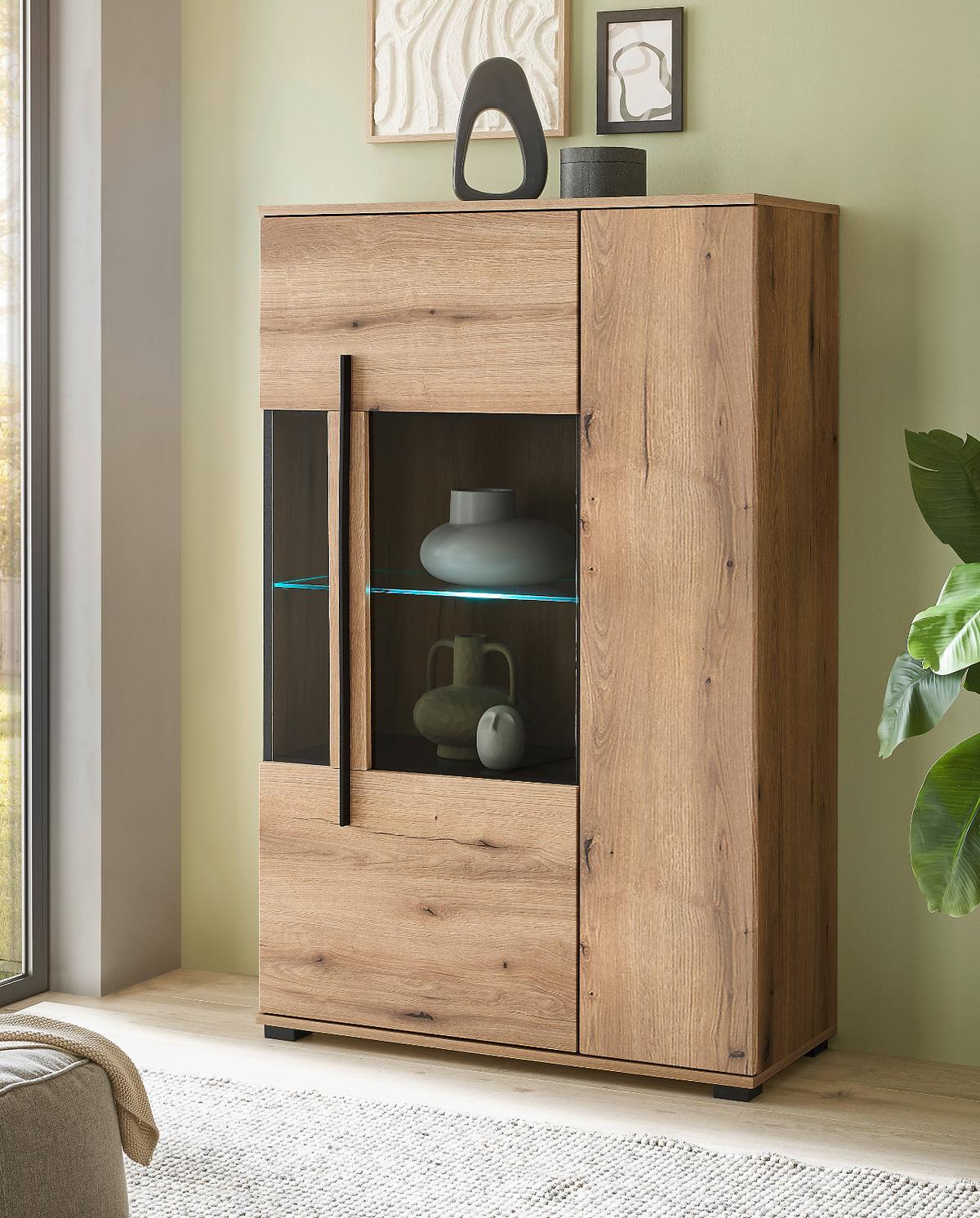 HIGHBOARD Eiche Evoke, Vitrine 90 x 140 cm mit LED Beleuchtung - Eichefarben/Schwarz, Glas/Holzwerkstoff (90/140/37cm) - Furn.Design